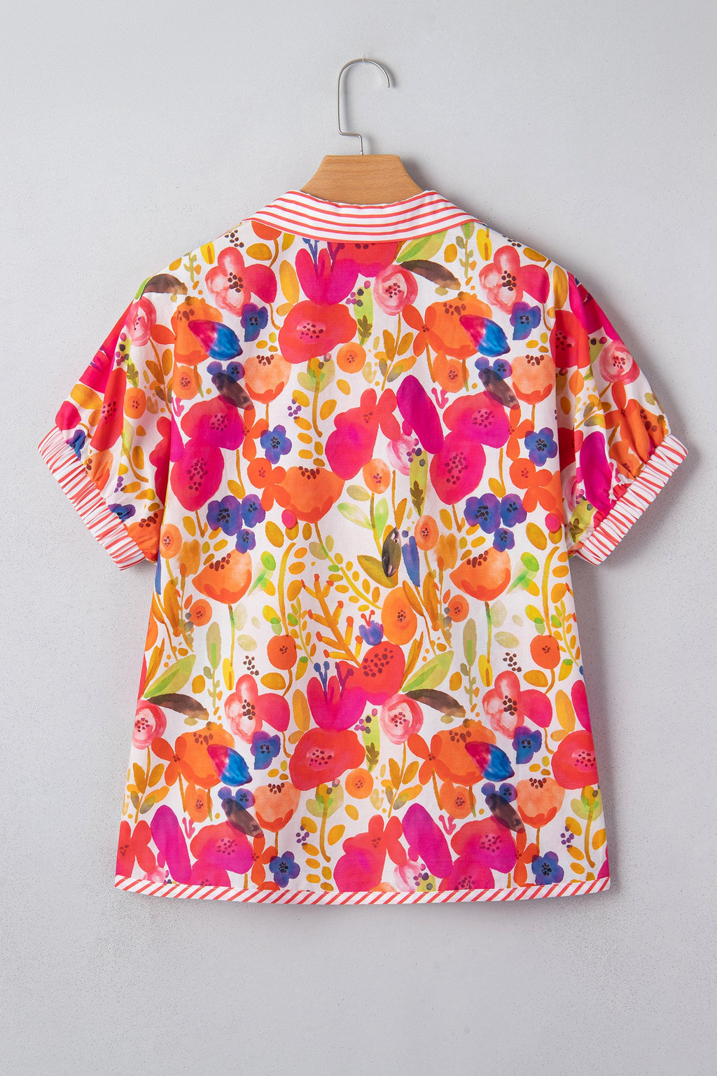 Floral Stripe Trim Collared V-Neck Blouse