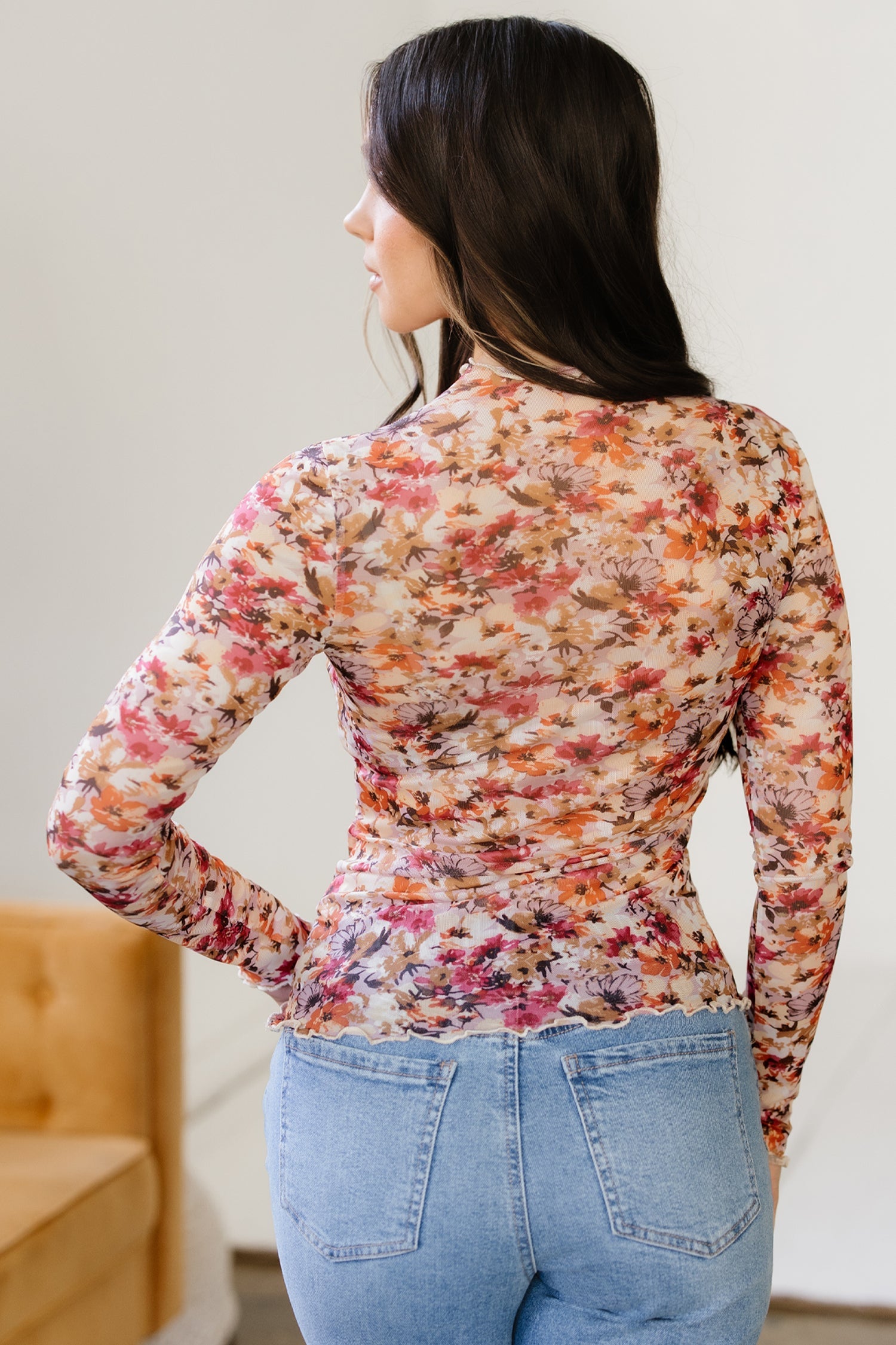 Floral Mesh Lettuce Trim Long Sleeve Top