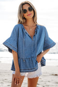 Liv Denim Ruffled Sleeve Lace up Front Peplum Top