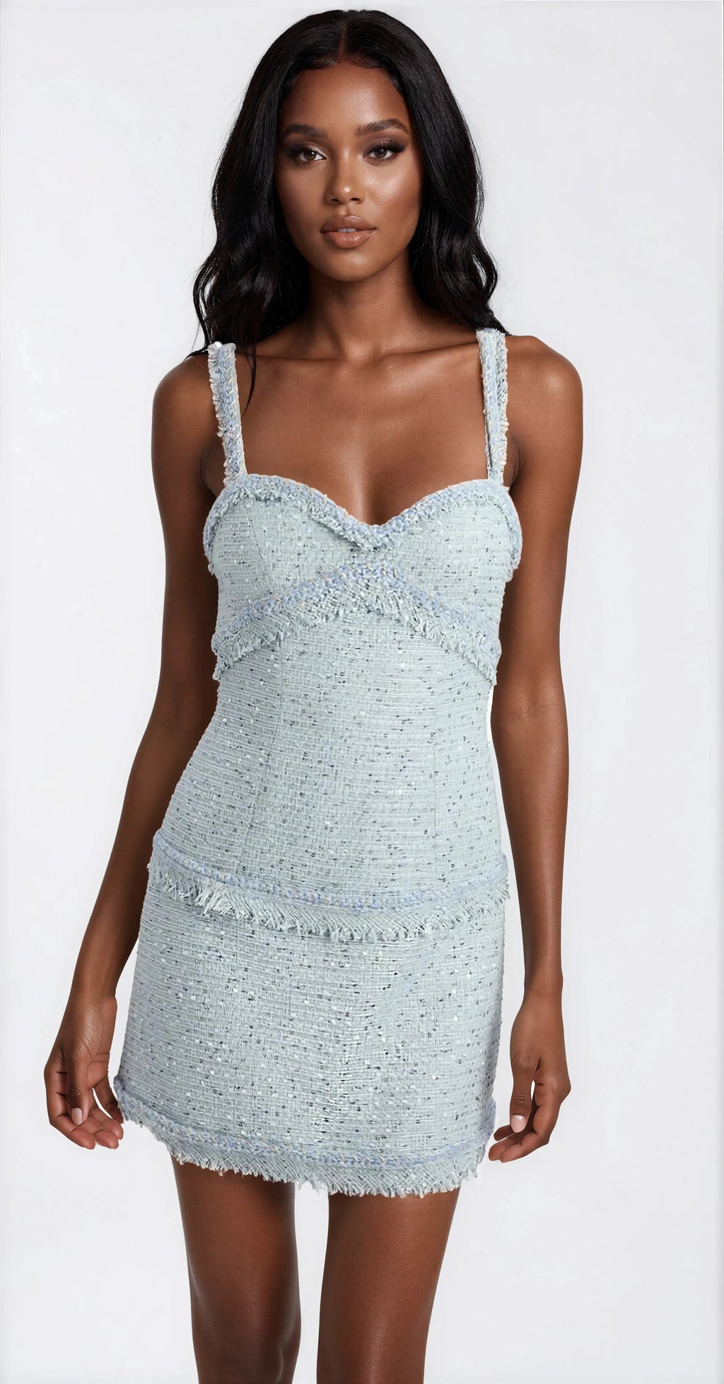 Elina Fringe Boucle Mini Dress – Blue Boucle