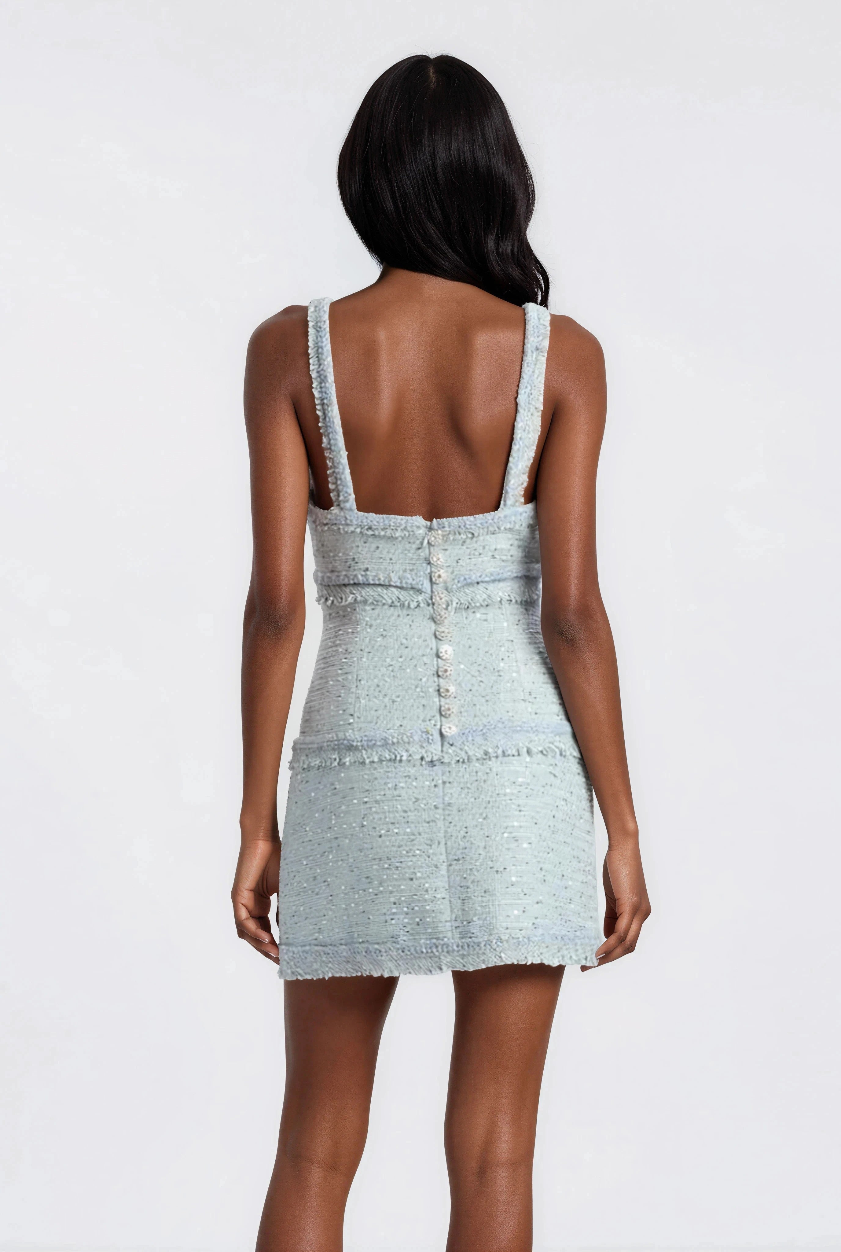 Elina Fringe Boucle Mini Dress – Blue Boucle