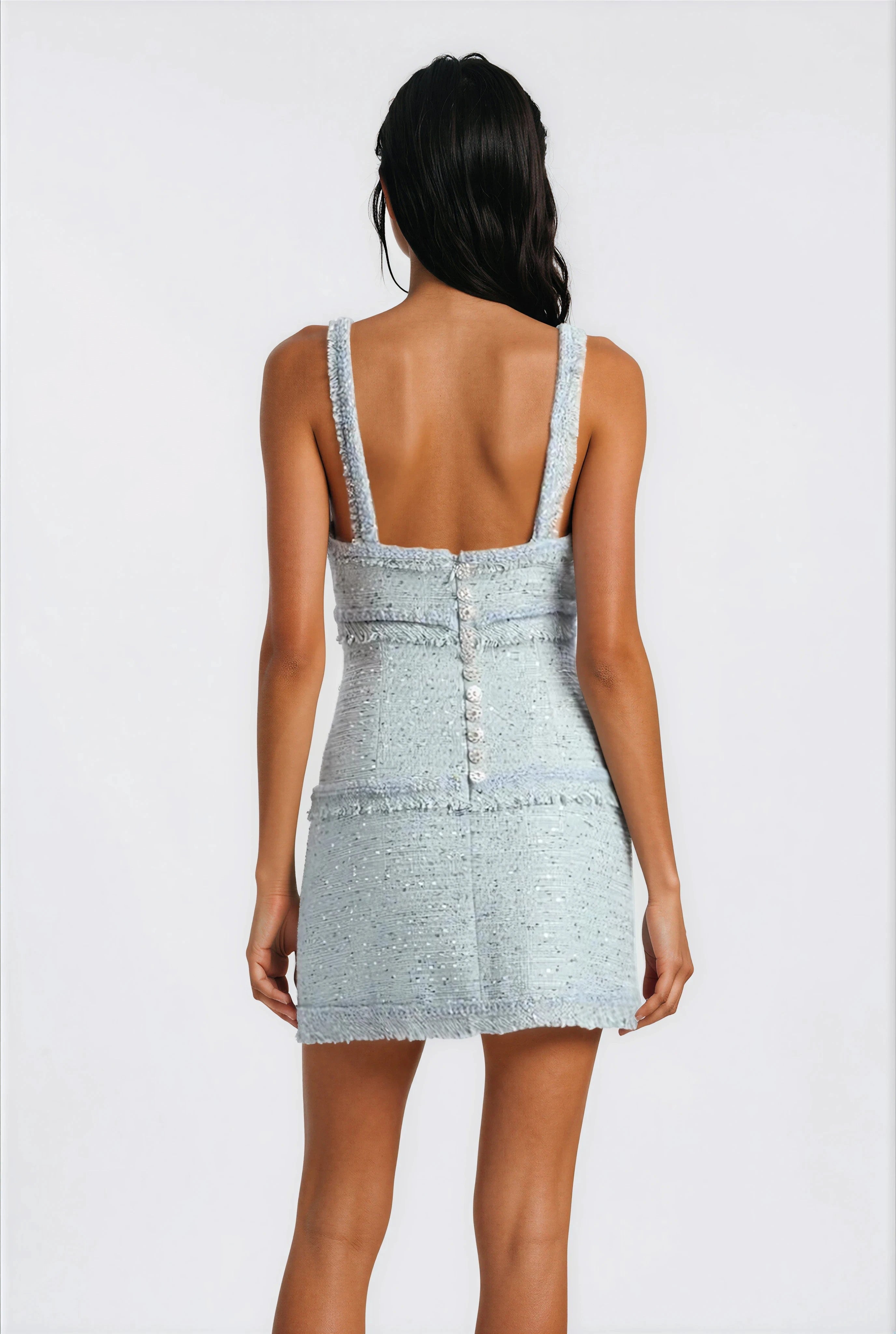 Elina Fringe Boucle Mini Dress – Blue Boucle
