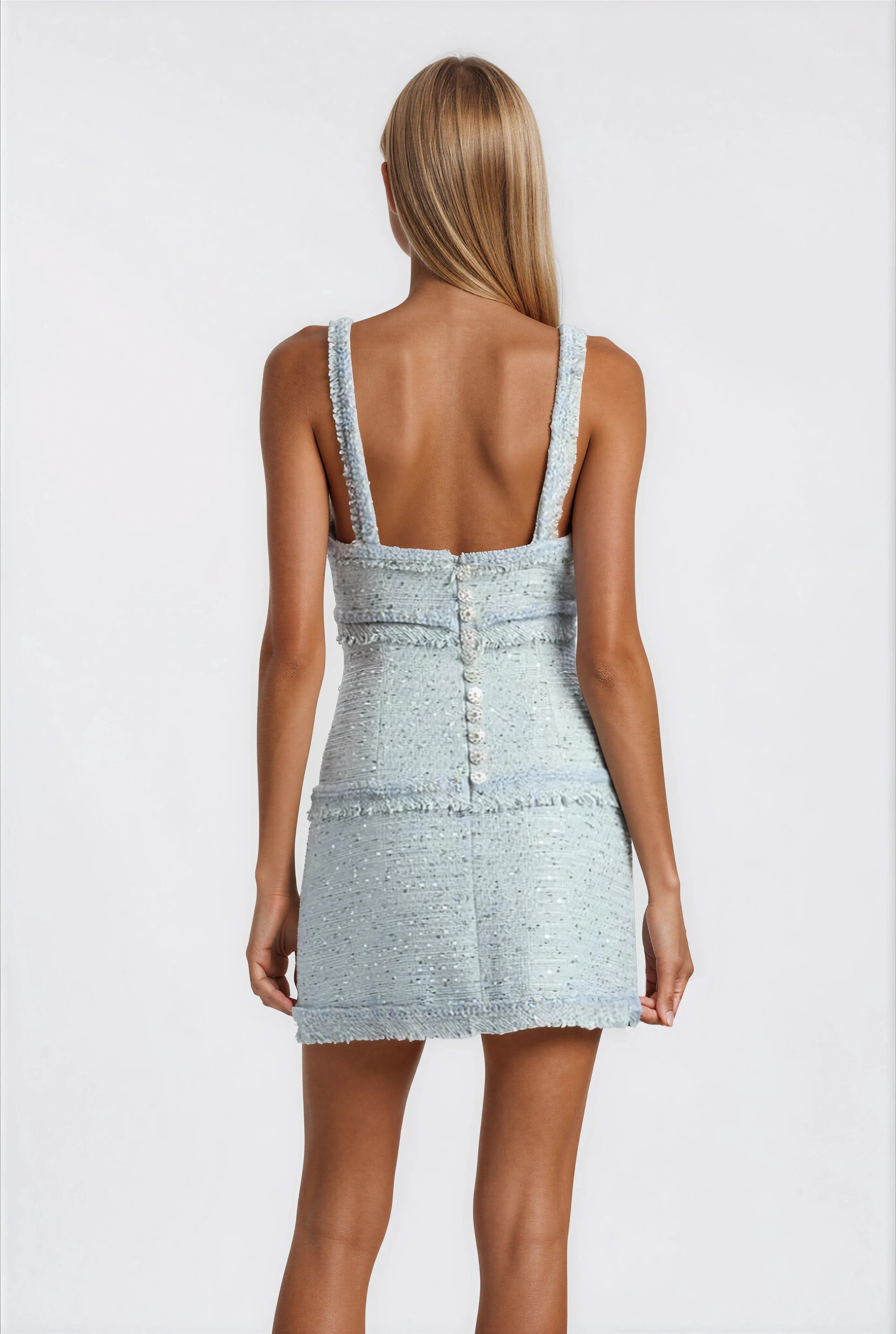 Elina Fringe Boucle Mini Dress – Blue Boucle