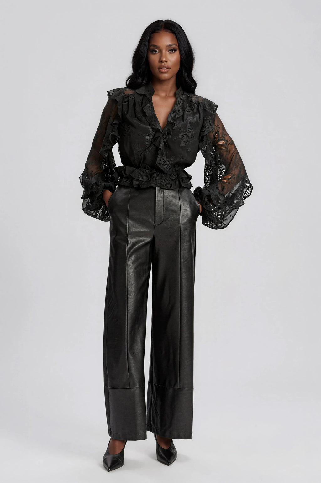 Frill Embroidered Blouse – Black