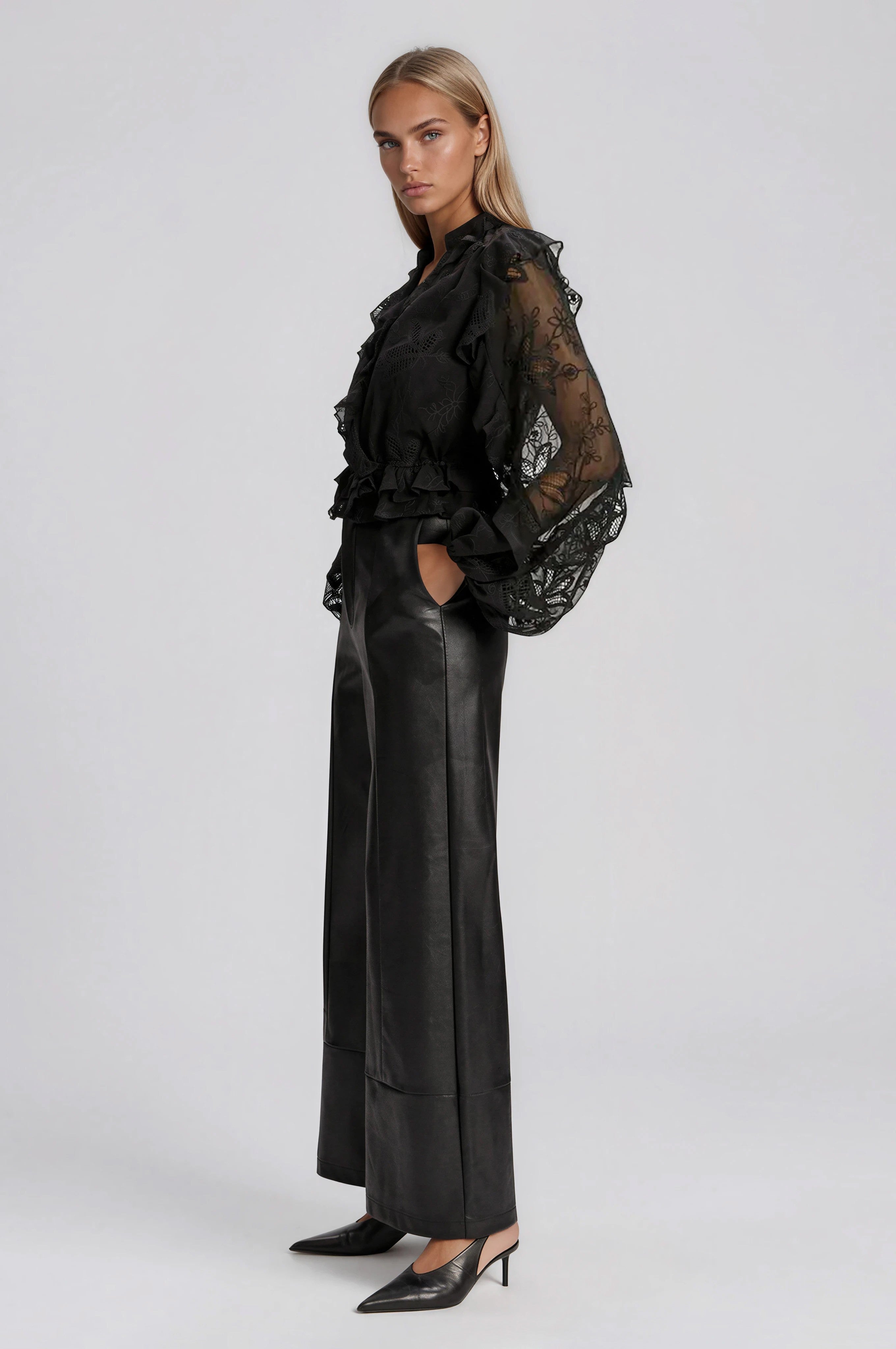 Frill Embroidered Blouse – Black