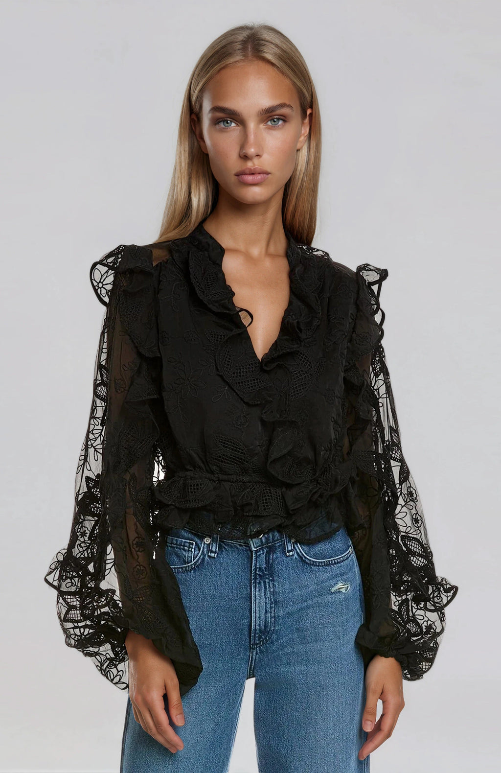 Frill Embroidered Blouse – Black