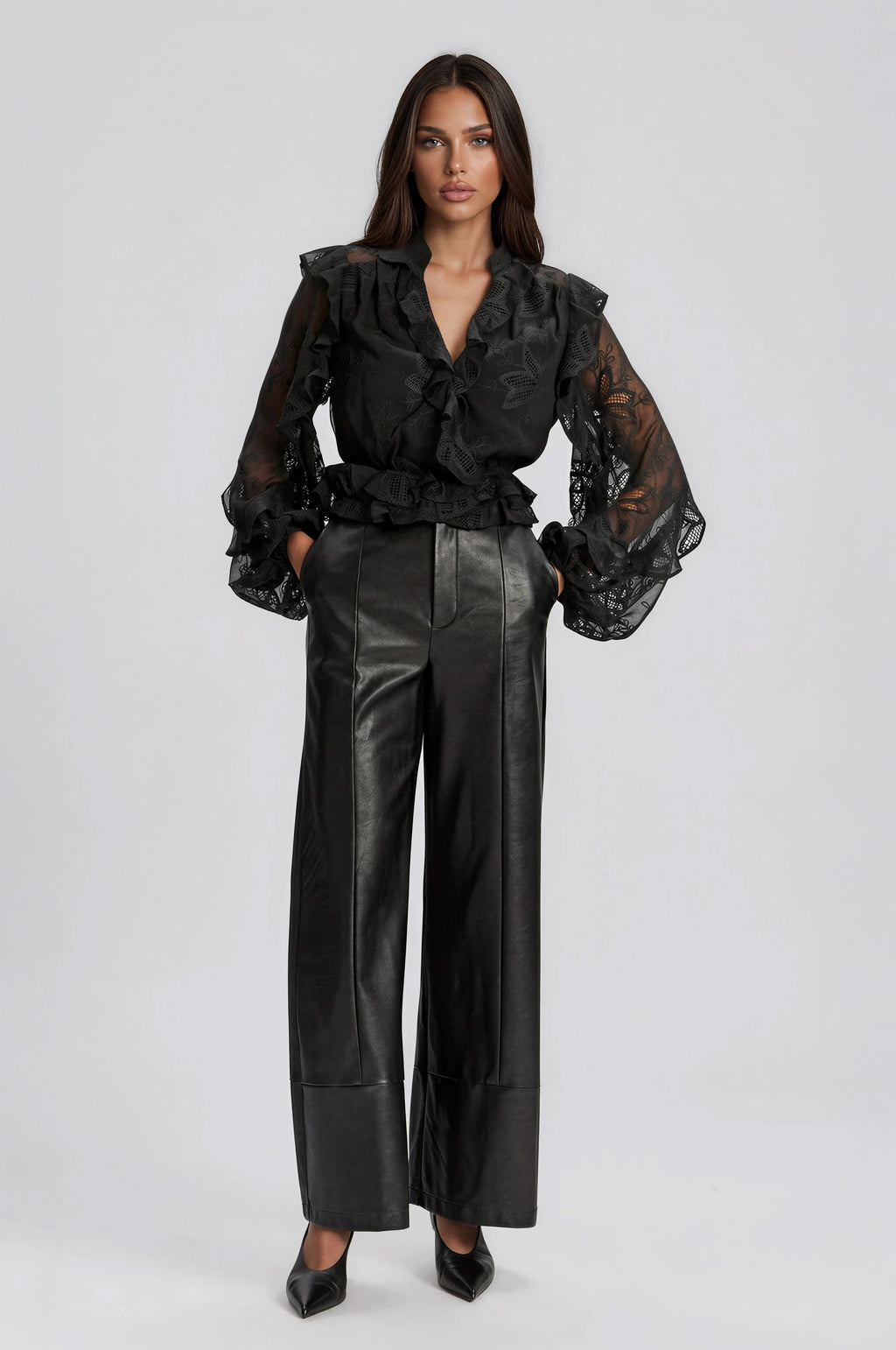 Frill Embroidered Blouse – Black
