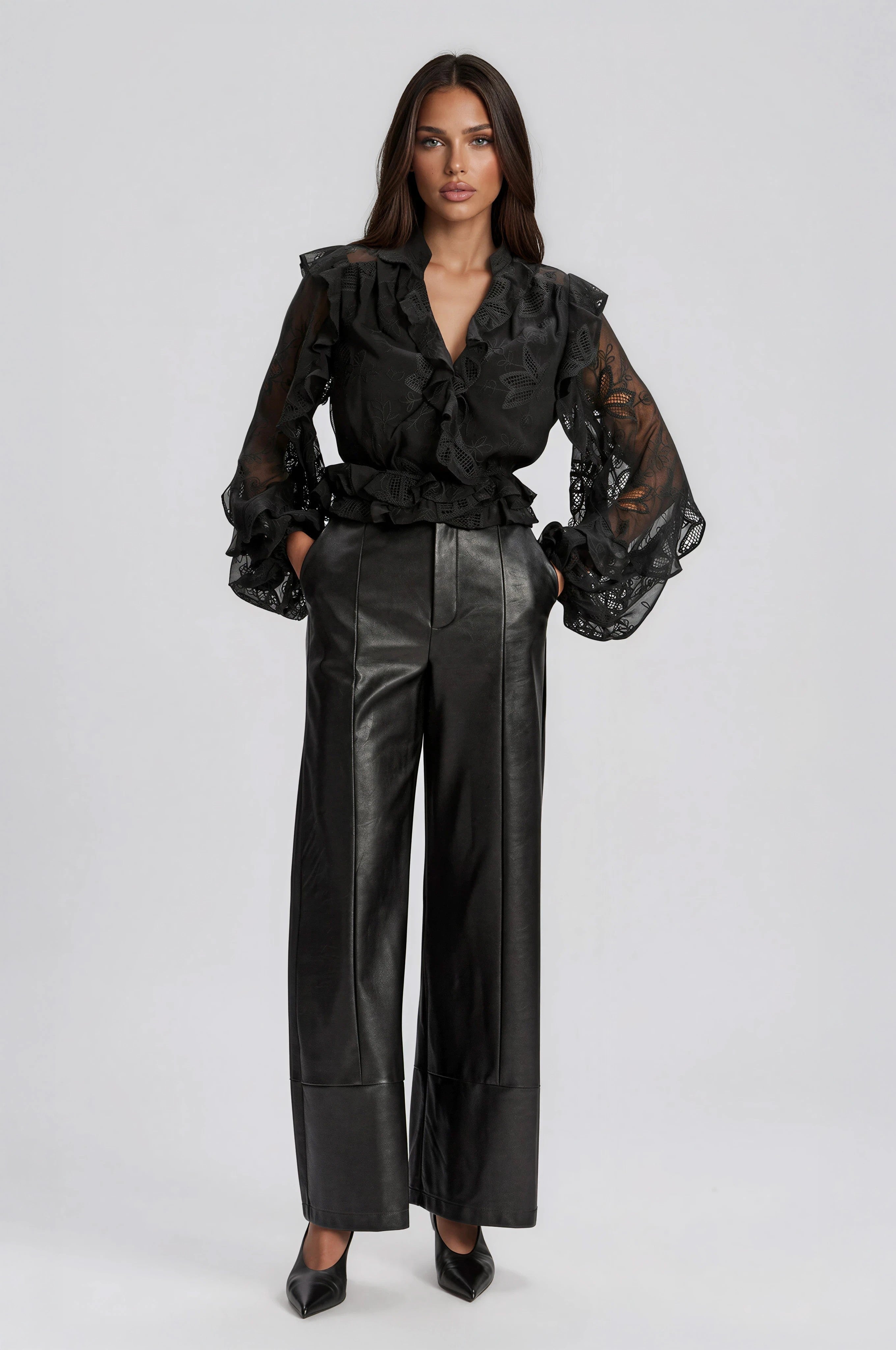 Frill Embroidered Blouse – Black
