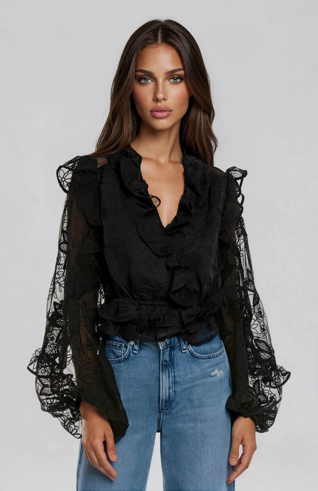 Frill Embroidered Blouse – Black