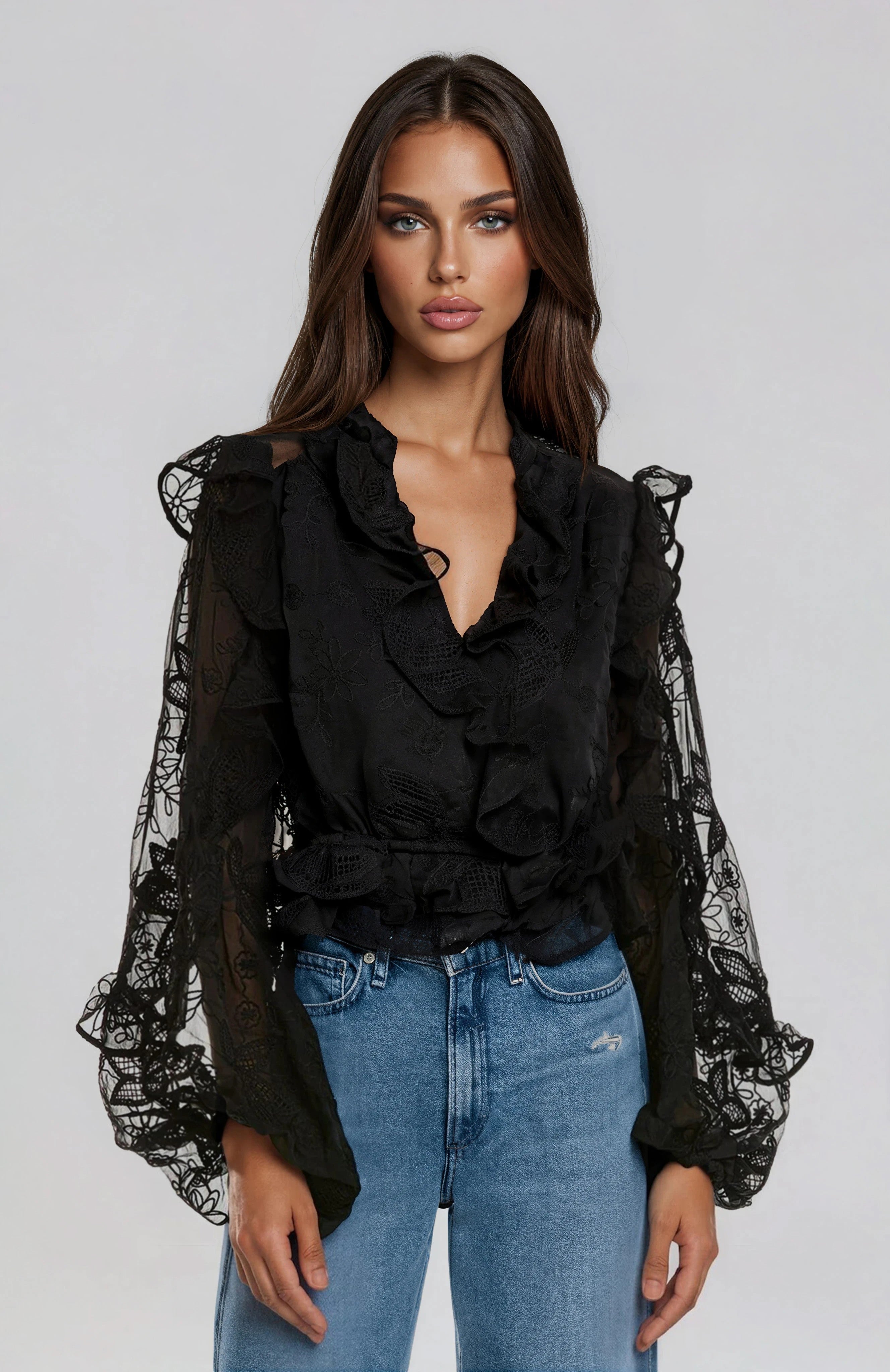 Frill Embroidered Blouse – Black