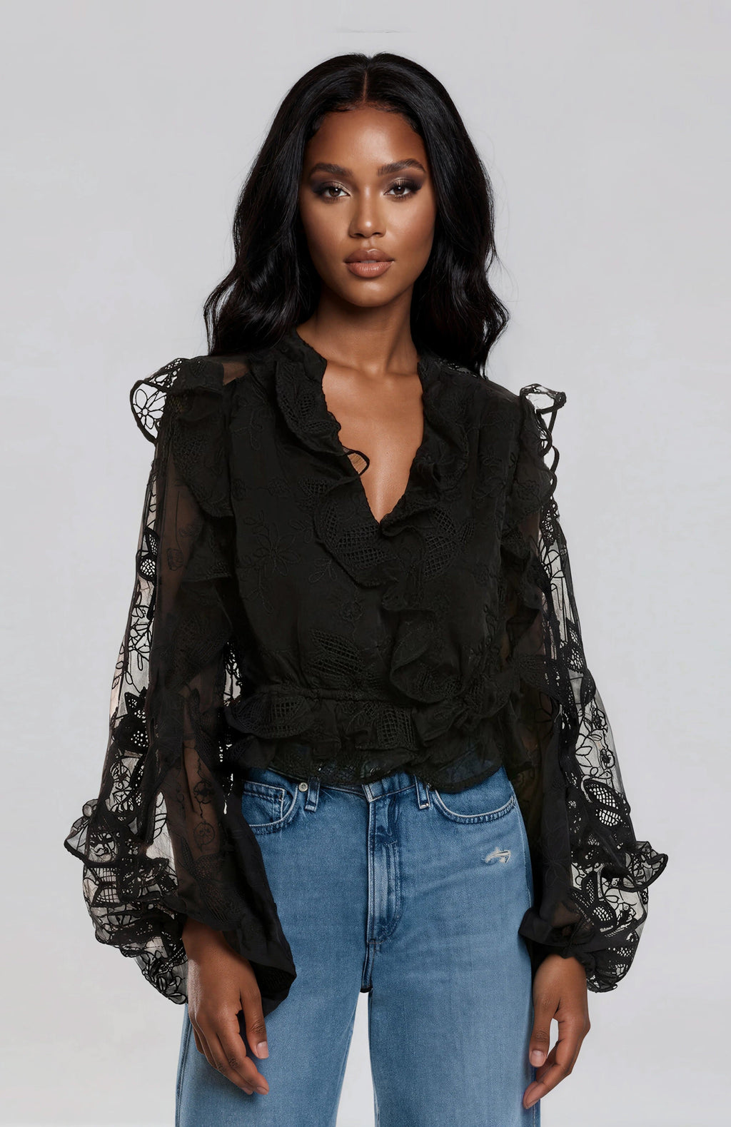 Frill Embroidered Blouse – Black