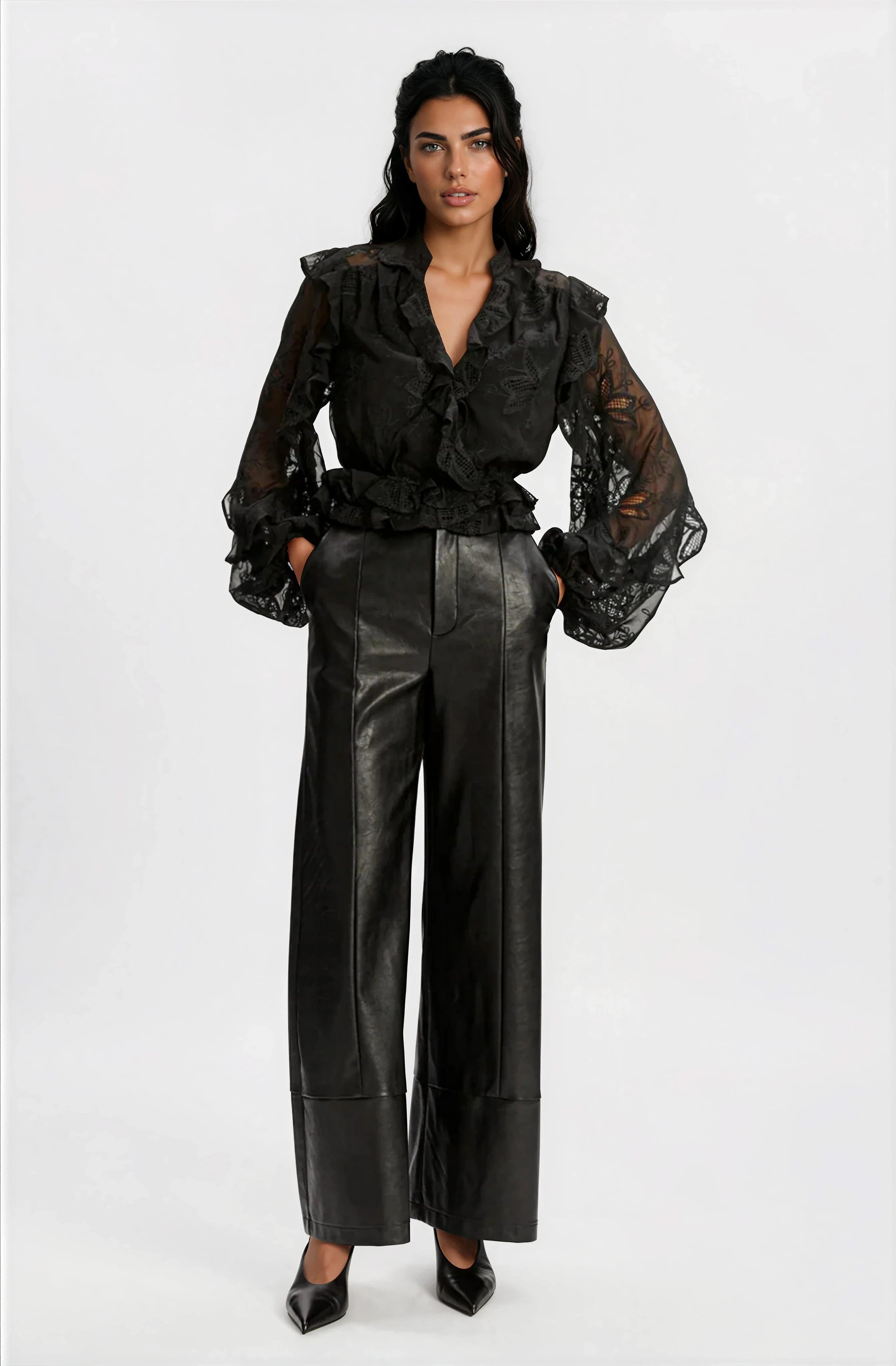 Frill Embroidered Blouse – Black