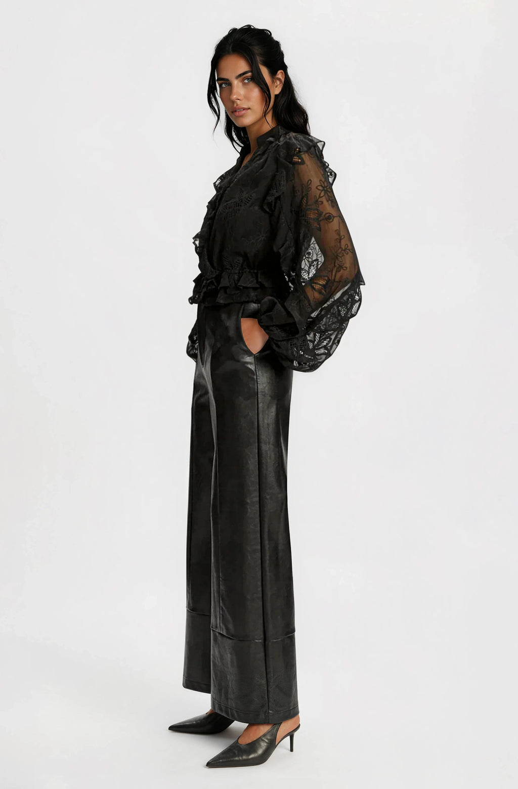 Frill Embroidered Blouse – Black