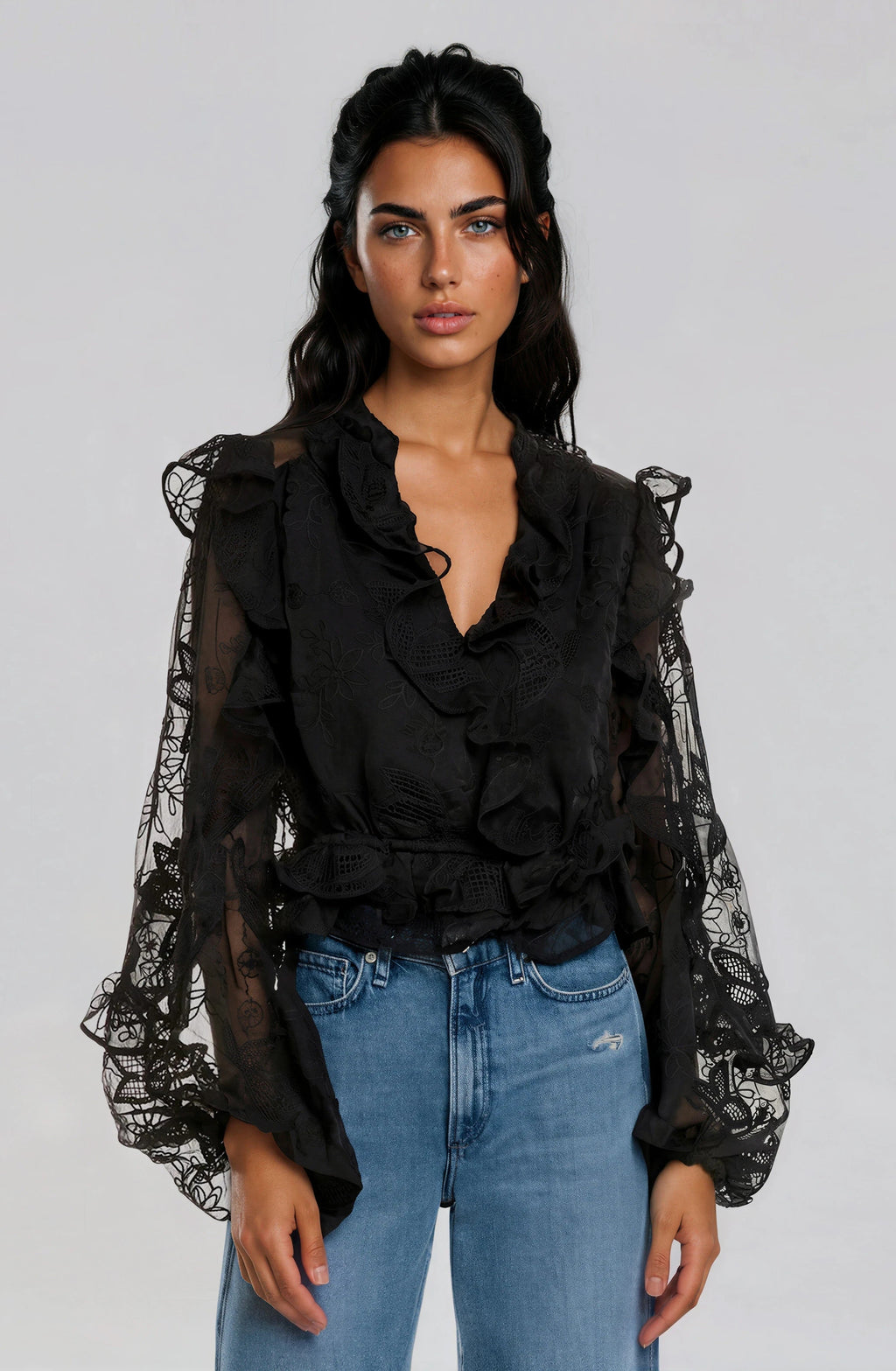 Frill Embroidered Blouse – Black