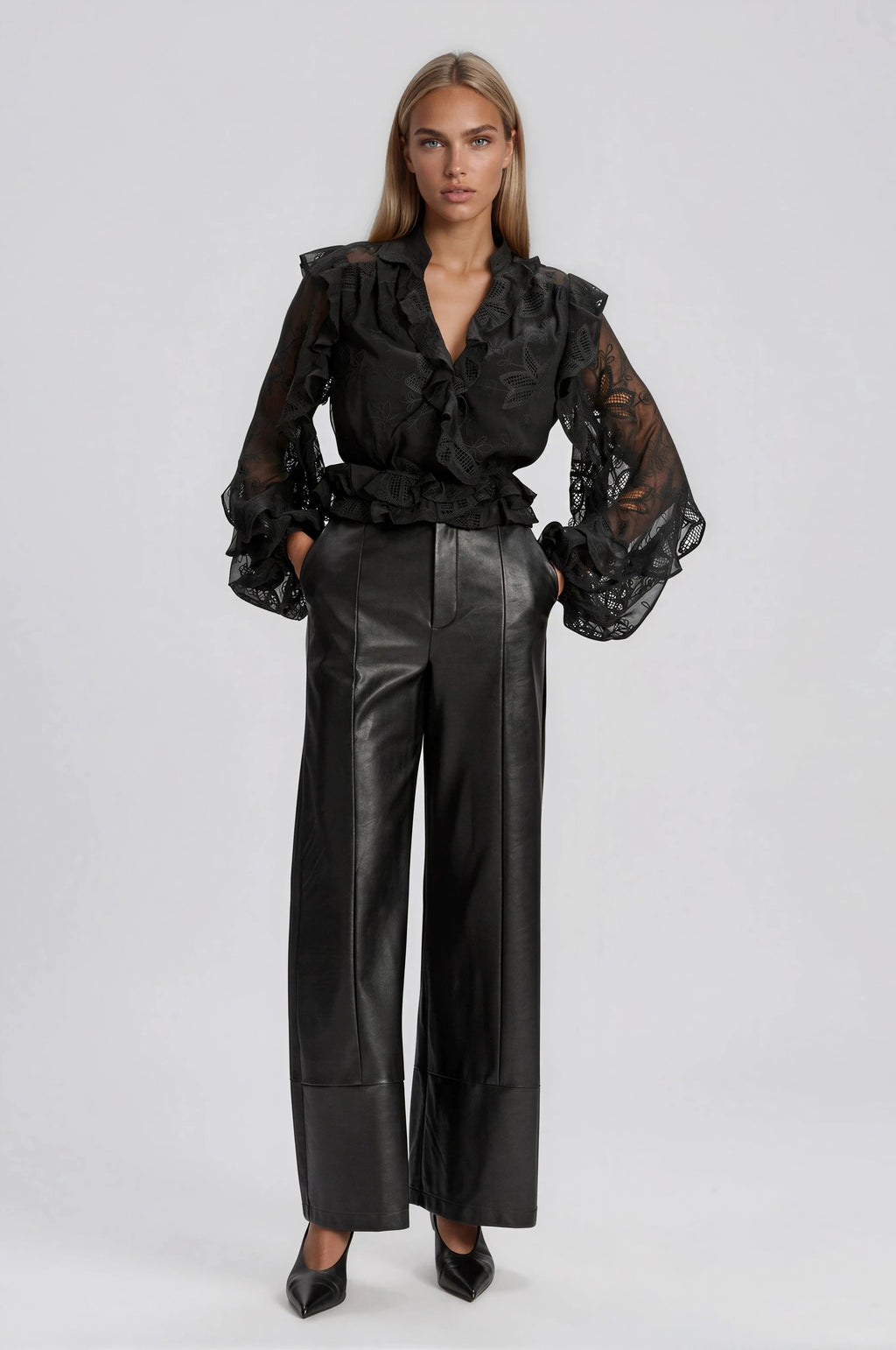 Frill Embroidered Blouse – Black