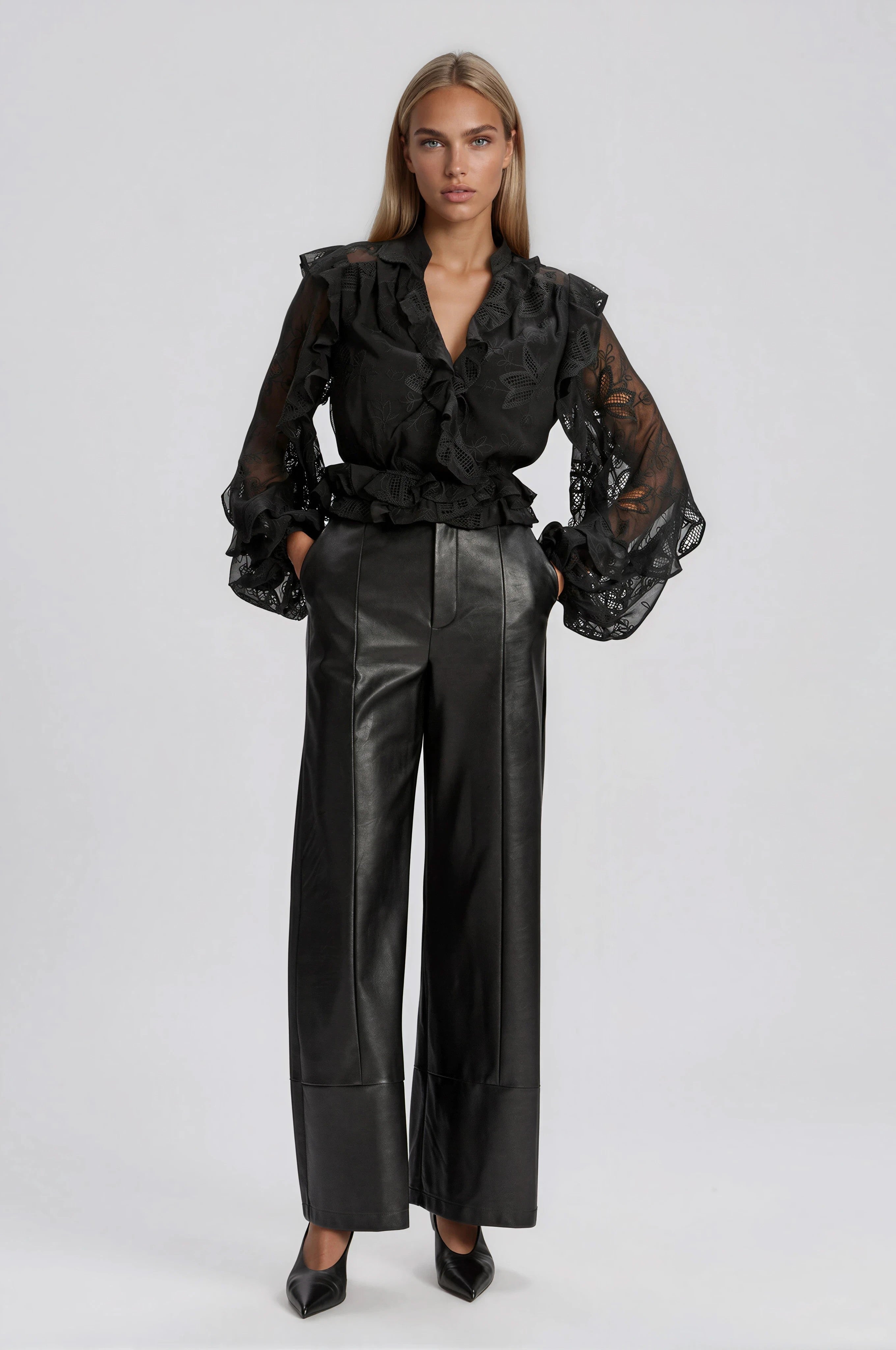 Frill Embroidered Blouse – Black