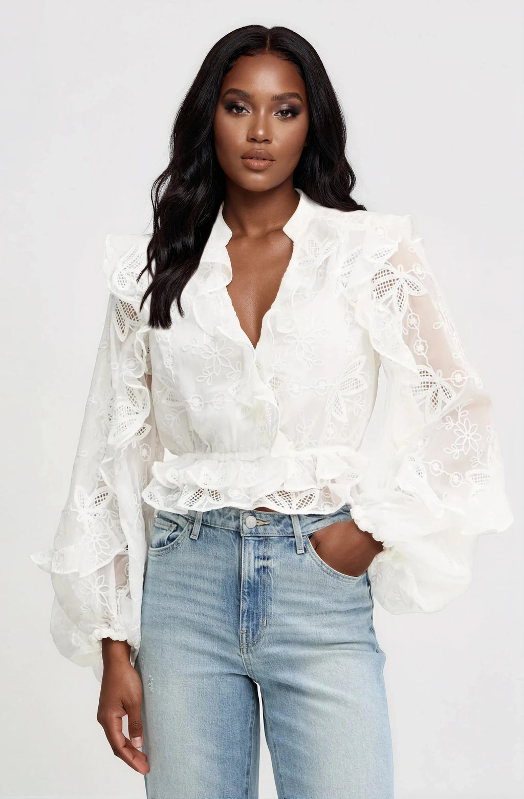 Frill Embroidered Blouse – Orchid White
