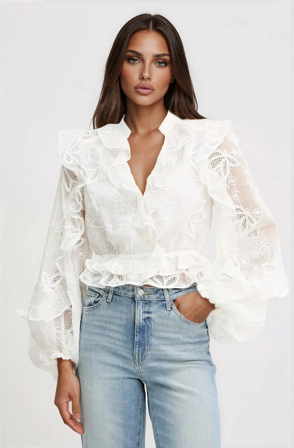 Frill Embroidered Blouse – Orchid White