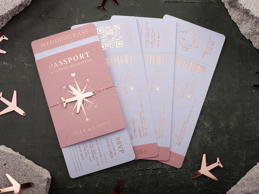 Blush Pink & Rose Gold Passport Wedding Invitation