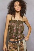 POL Button Down Floral Embroidered Cropped Cami with Lace Detail