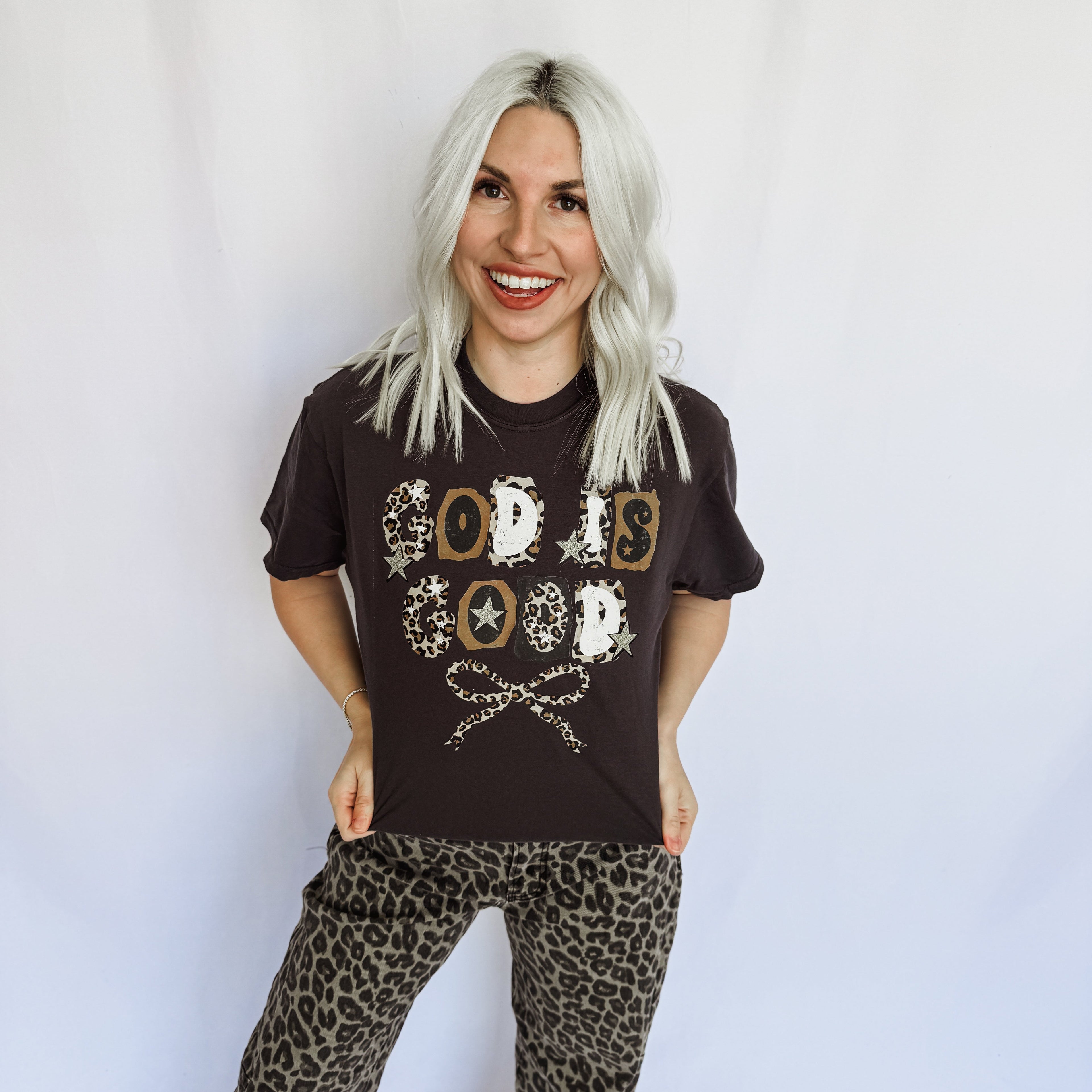 *Leopard God Is Good Graphic Tee D-1083