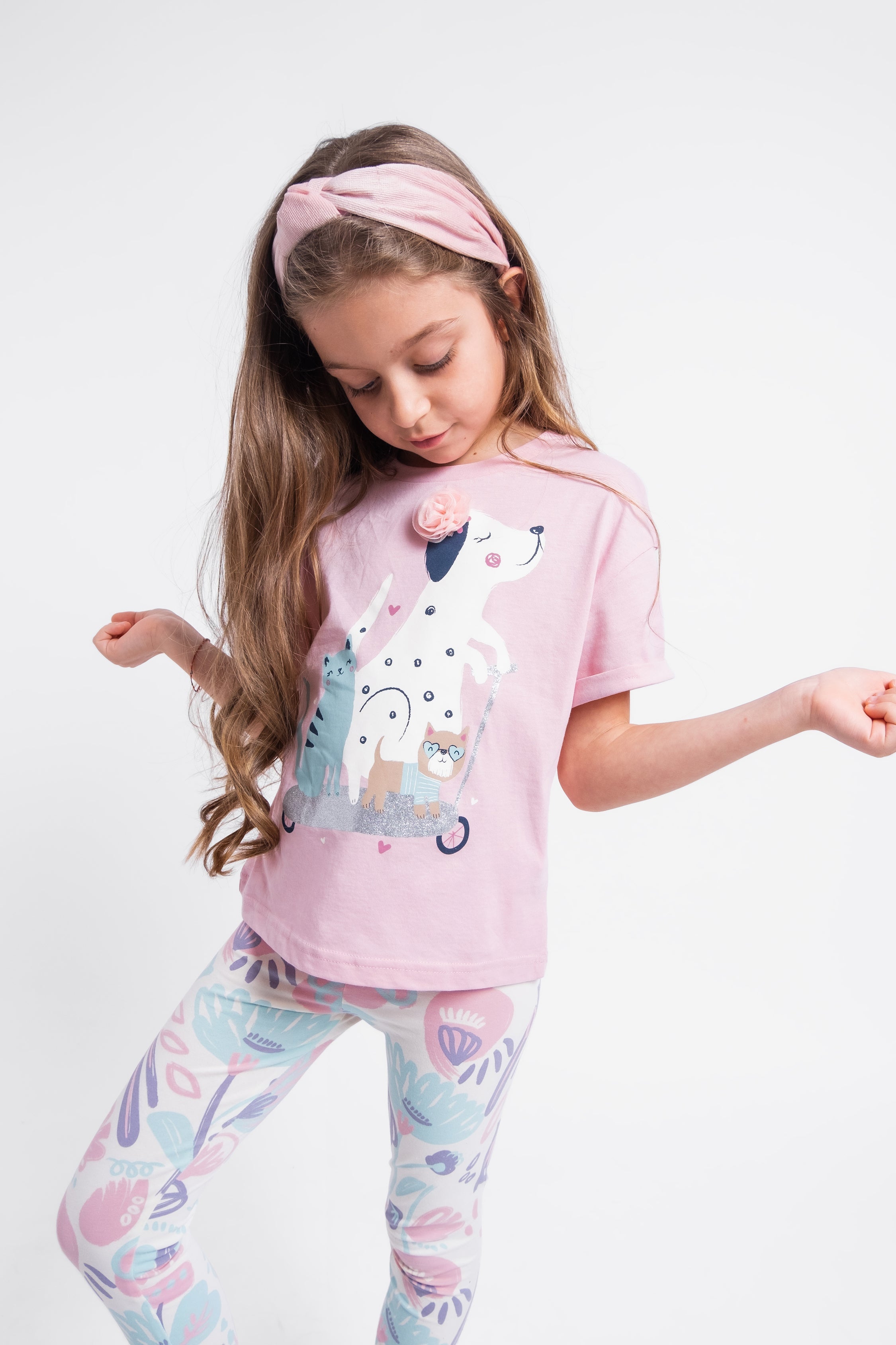 Short Sleeve T-Shirt With (Animal Friends) Embellished & Glitter Graphic - Pink