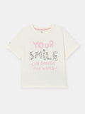 Short Sleeve T-Shirt With Phrase Sequin Graphic - Ecru