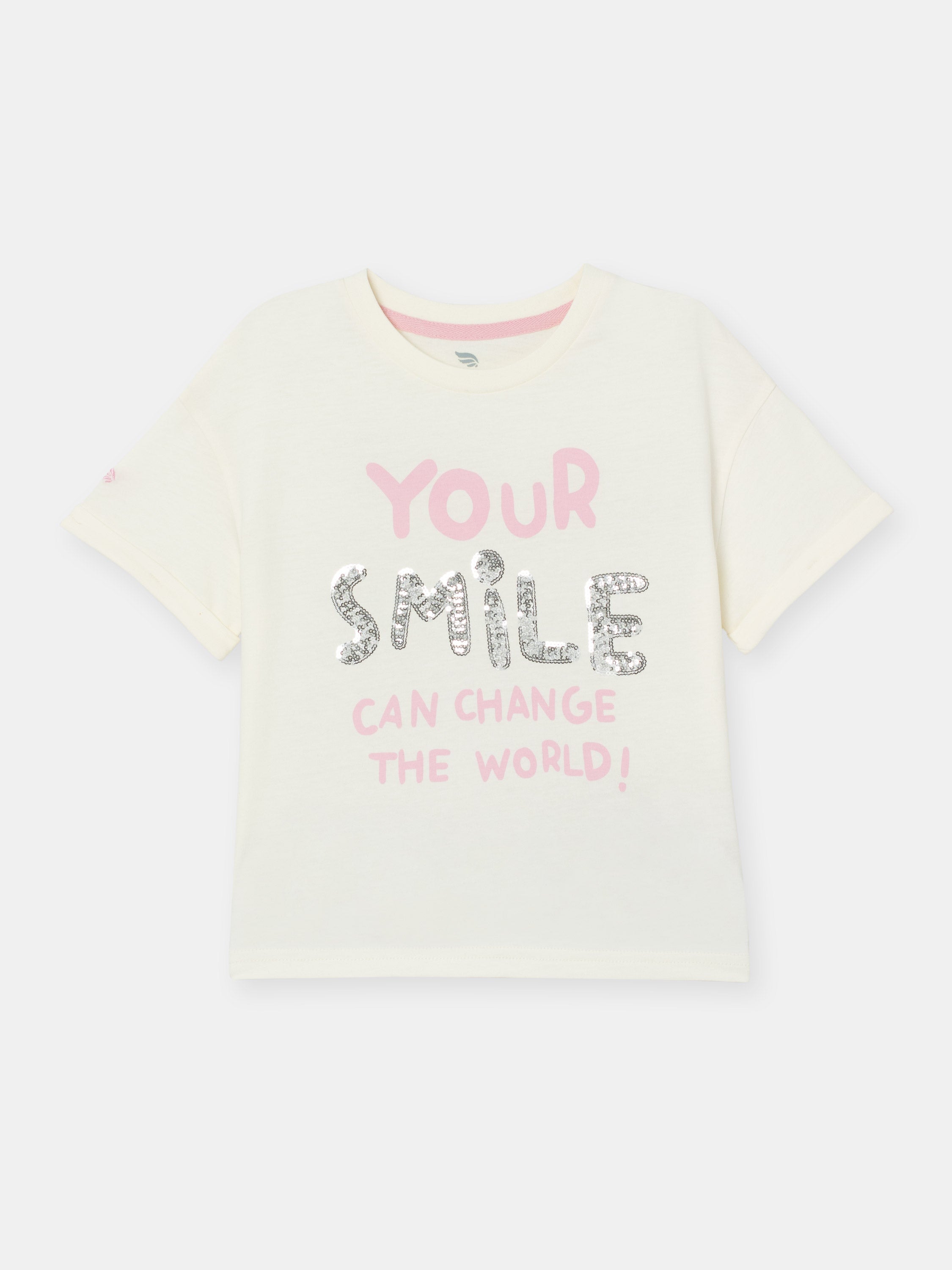 Short Sleeve T-Shirt With Phrase Sequin Graphic - Ecru