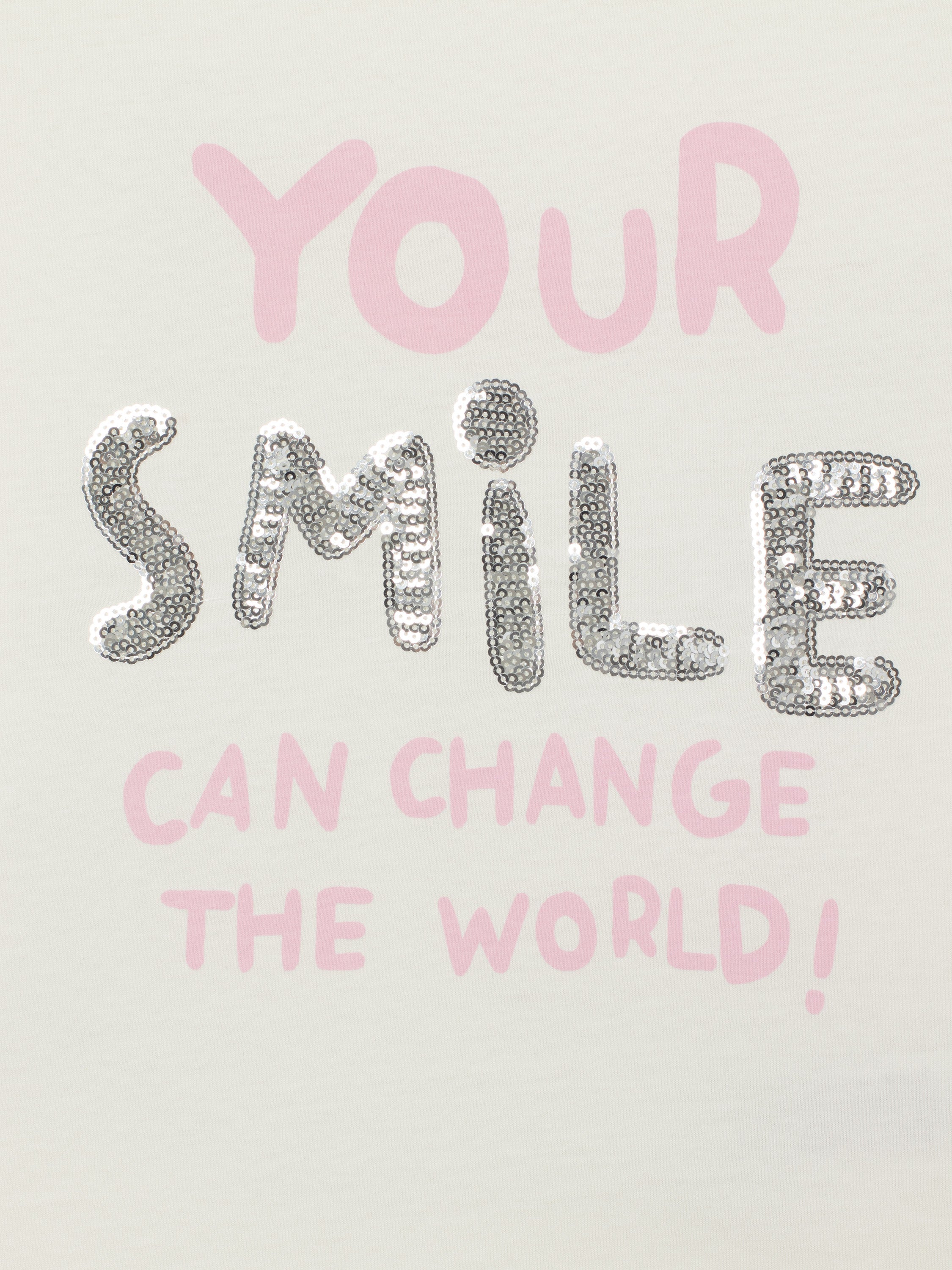 Short Sleeve T-Shirt With Phrase Sequin Graphic - Ecru