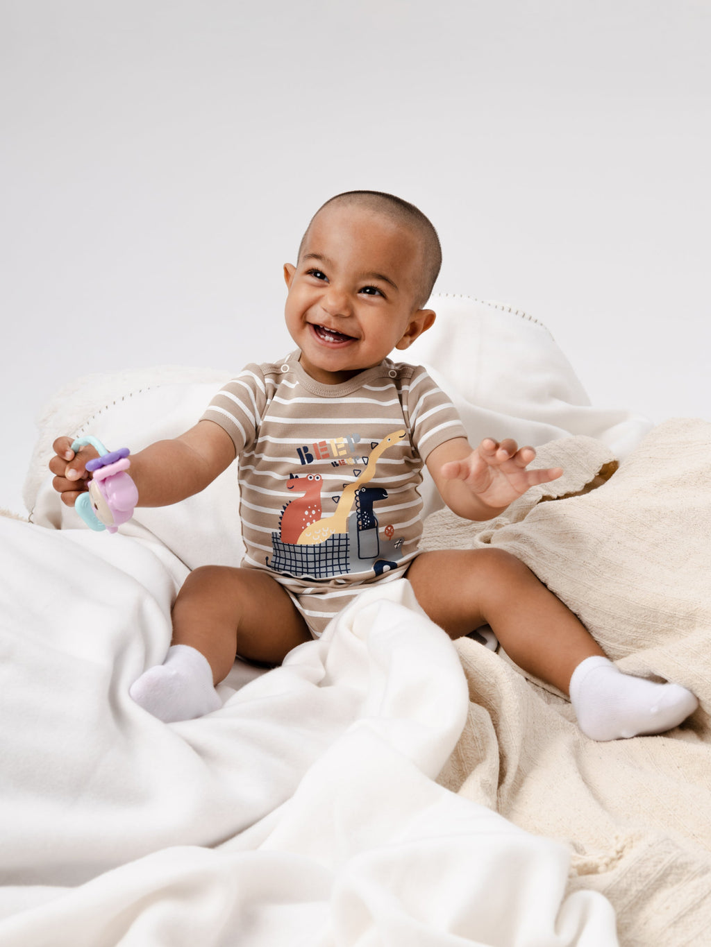 Striped Short Sleeve Dino Adventure Bodysuit - Beige stripes