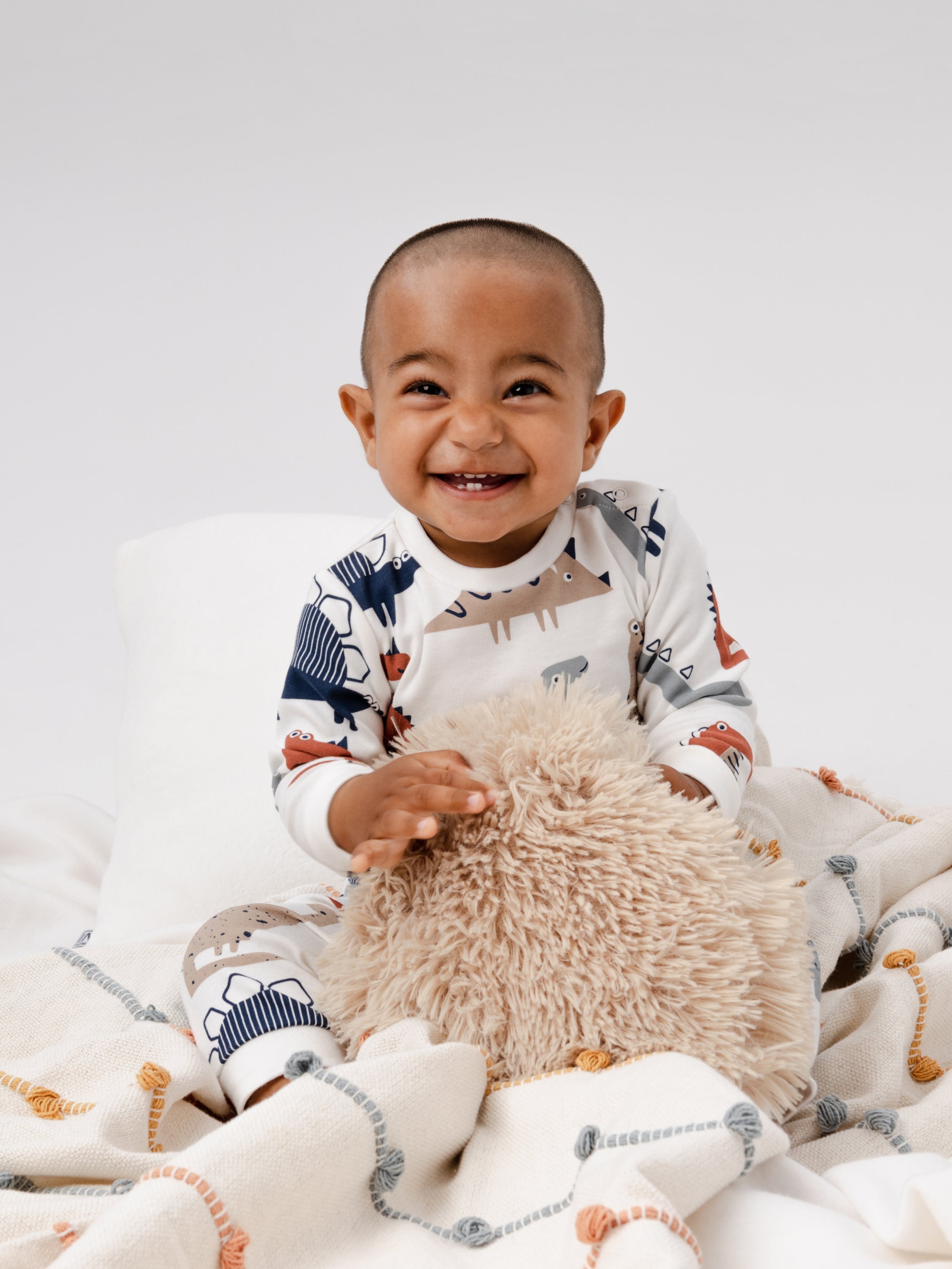 Two Piece Long Sleeve Top & Joggers Set in (Dino Party) Pattern - White