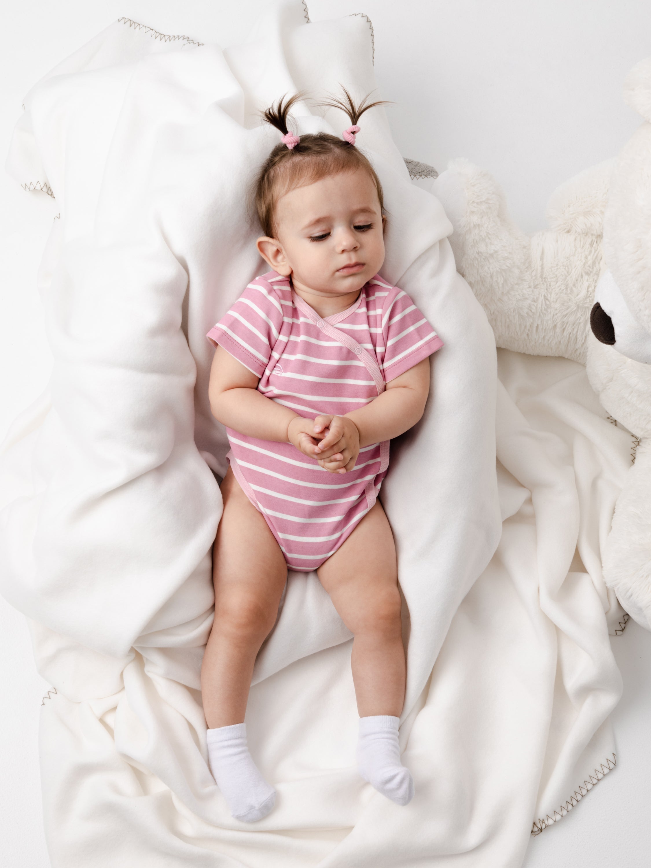 Short Sleeve Wrap Front Bodysuit with (Mini Stripe) Pattern - Raspberry