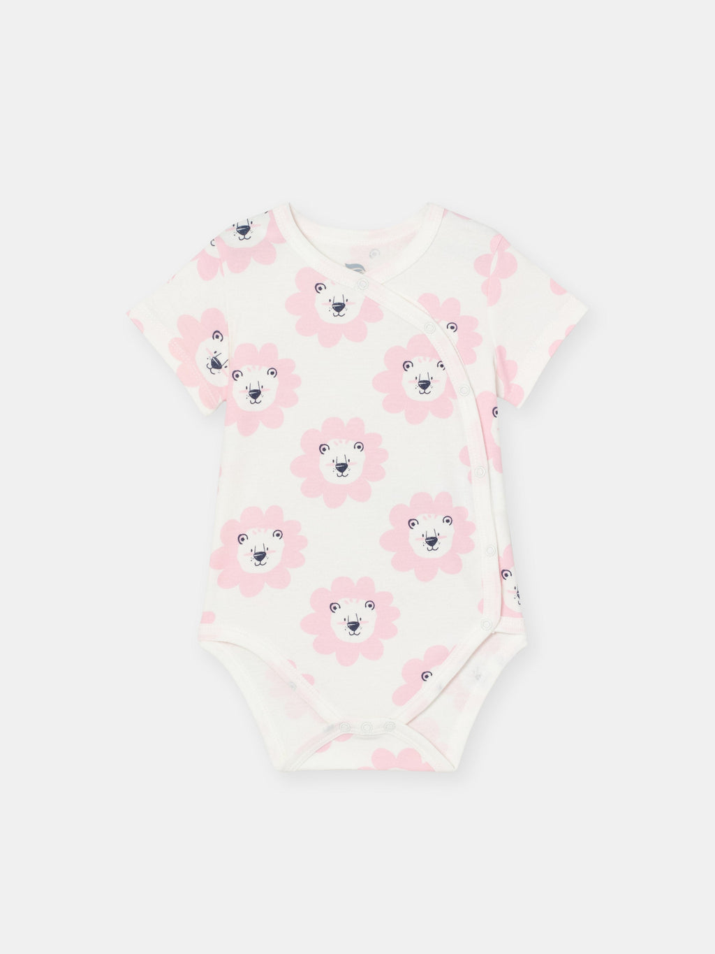 Short Sleeve Wrap Front Bodysuit with (Floral Lion) Pattern - White