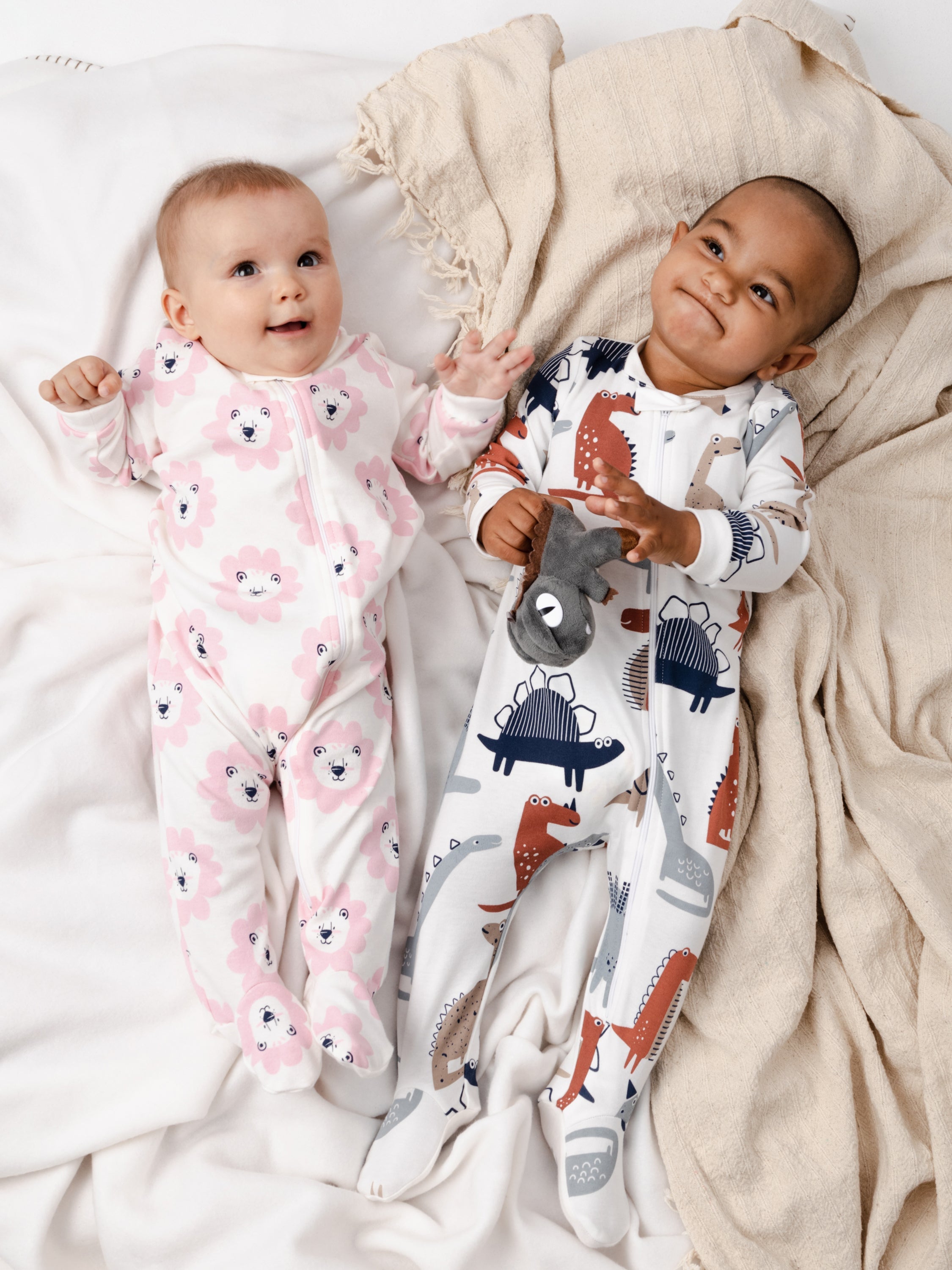 On-the-Go Zipper Jumpsuit with Non-Slip Footies in (Floral Lion) Pattern - White