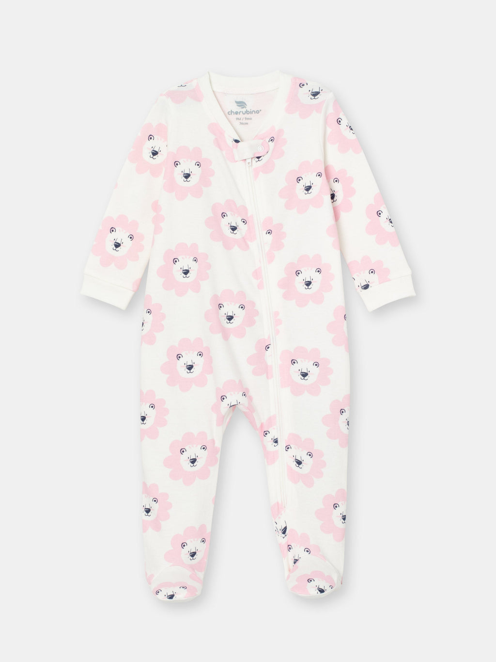 On-the-Go Zipper Jumpsuit with Non-Slip Footies in (Floral Lion) Pattern - White