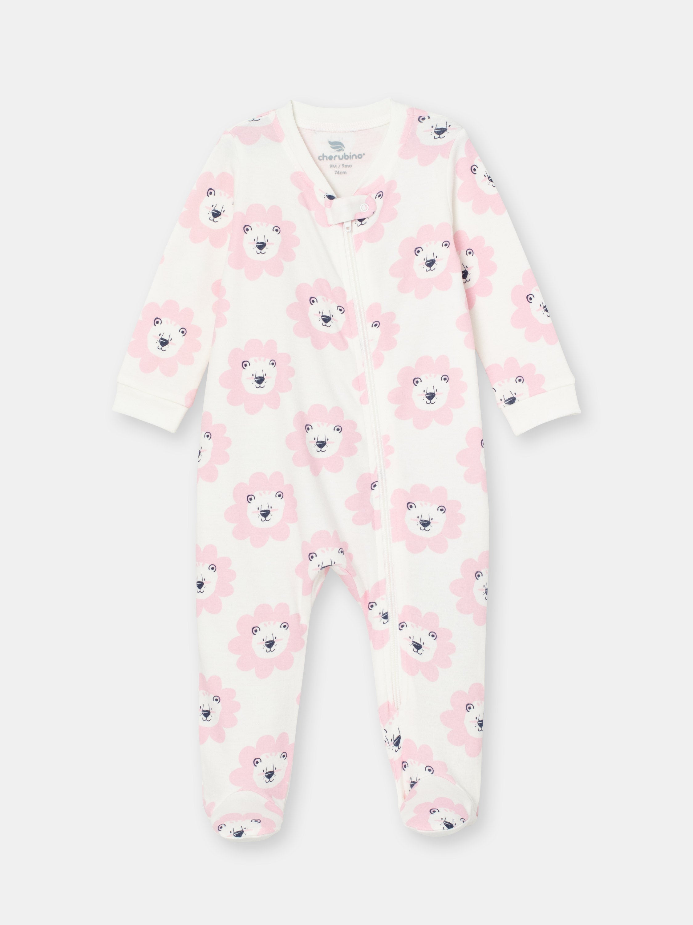 On-the-Go Zipper Jumpsuit with Non-Slip Footies in (Floral Lion) Pattern - White