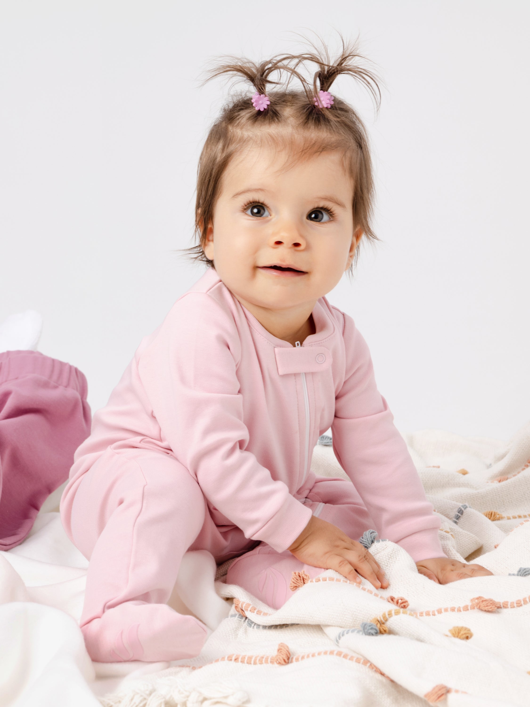Solid On-the-Go Zipper Jumpsuit with Non-Slip Footies with Embroidered Pocket - Pink