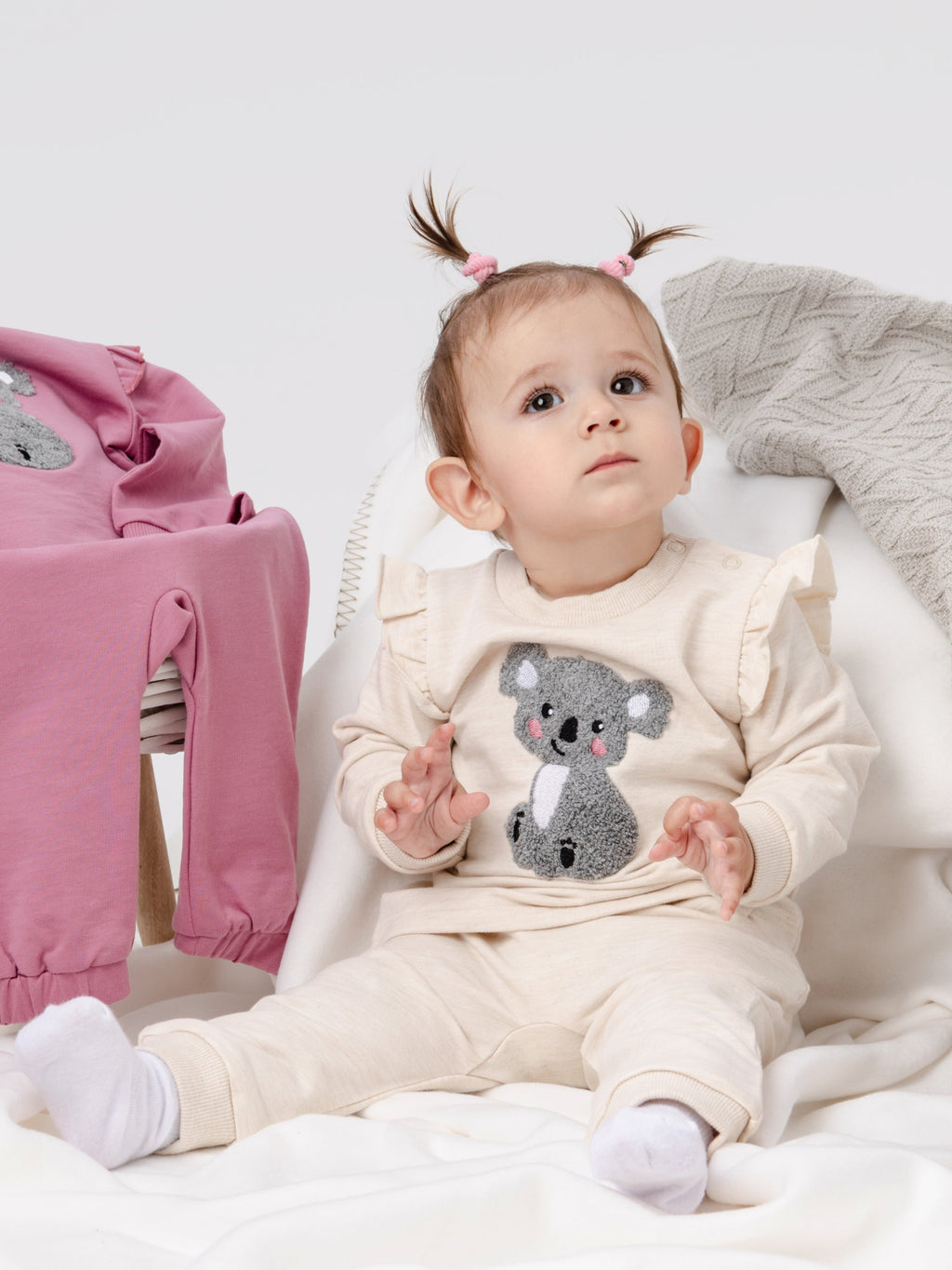 Two Piece Chenille (Koala) Embroidery Flutter Sweatshirt & Jogger Set - Ecru