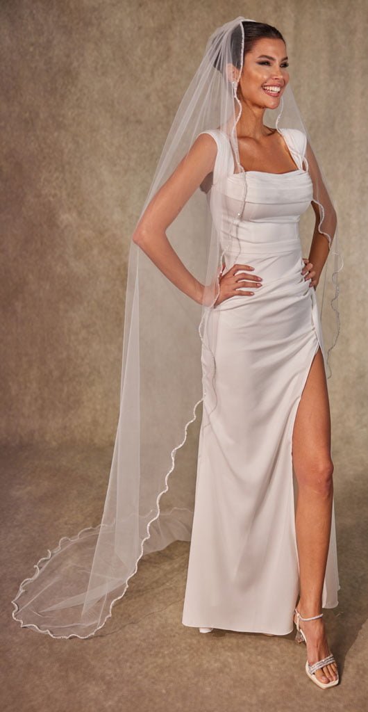Wavy Beaded Edge Minimalist Wedding Veil- D246