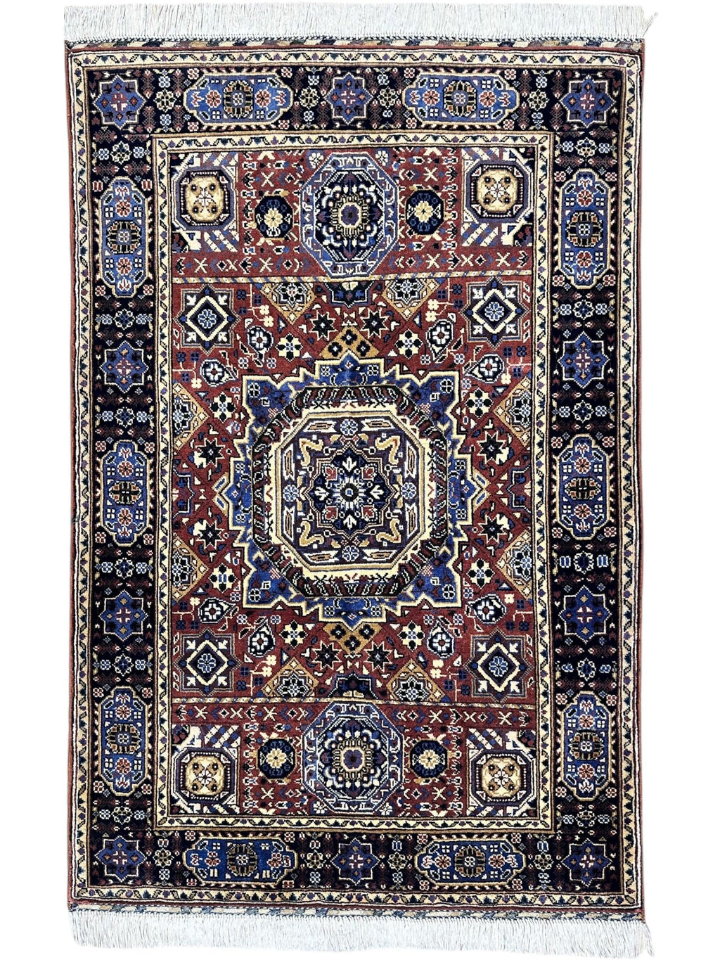 Hand-Knotted Afghani Blue & Brown Mamluk Wool Rug – 40” x 62”