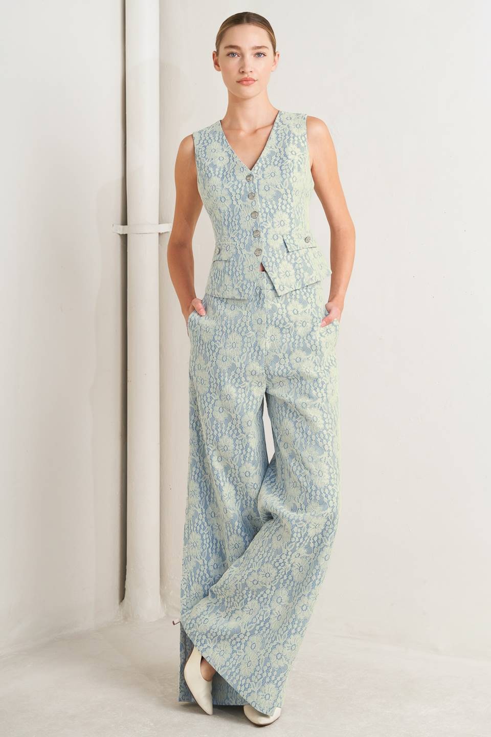 Woven Bonded Lace Wide Leg Pants