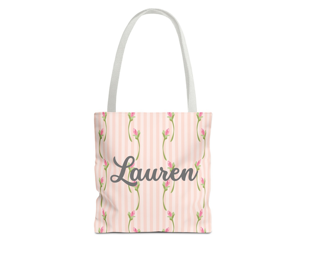 Customizable: Floral Stripe Tote Bag, Chic Shopping Tote, Spring Gift Bag, Eco-Friendly Reusable Bag, Perfect for Grad Gifts College Send off Gift