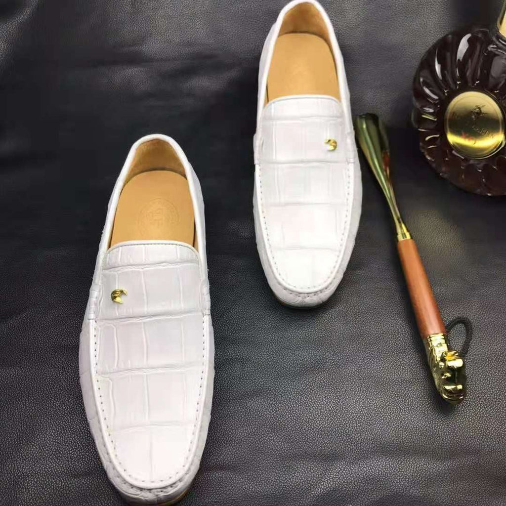 White Crocodile Leather Loafers Handmade Dress Shoes Men's