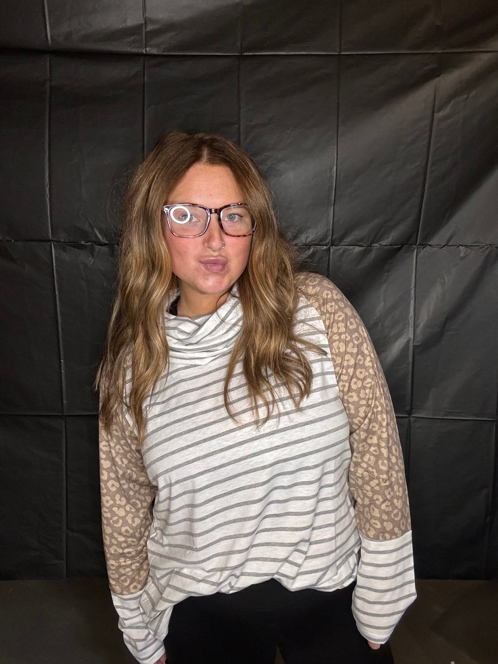 Striped/leopard turtle neck pullover long sleeves
