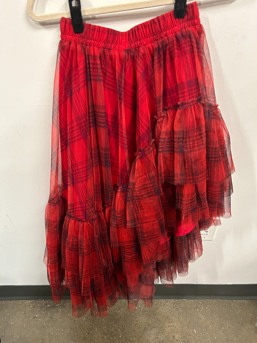Garnet Plaid Asymmetric Tulle Skirt