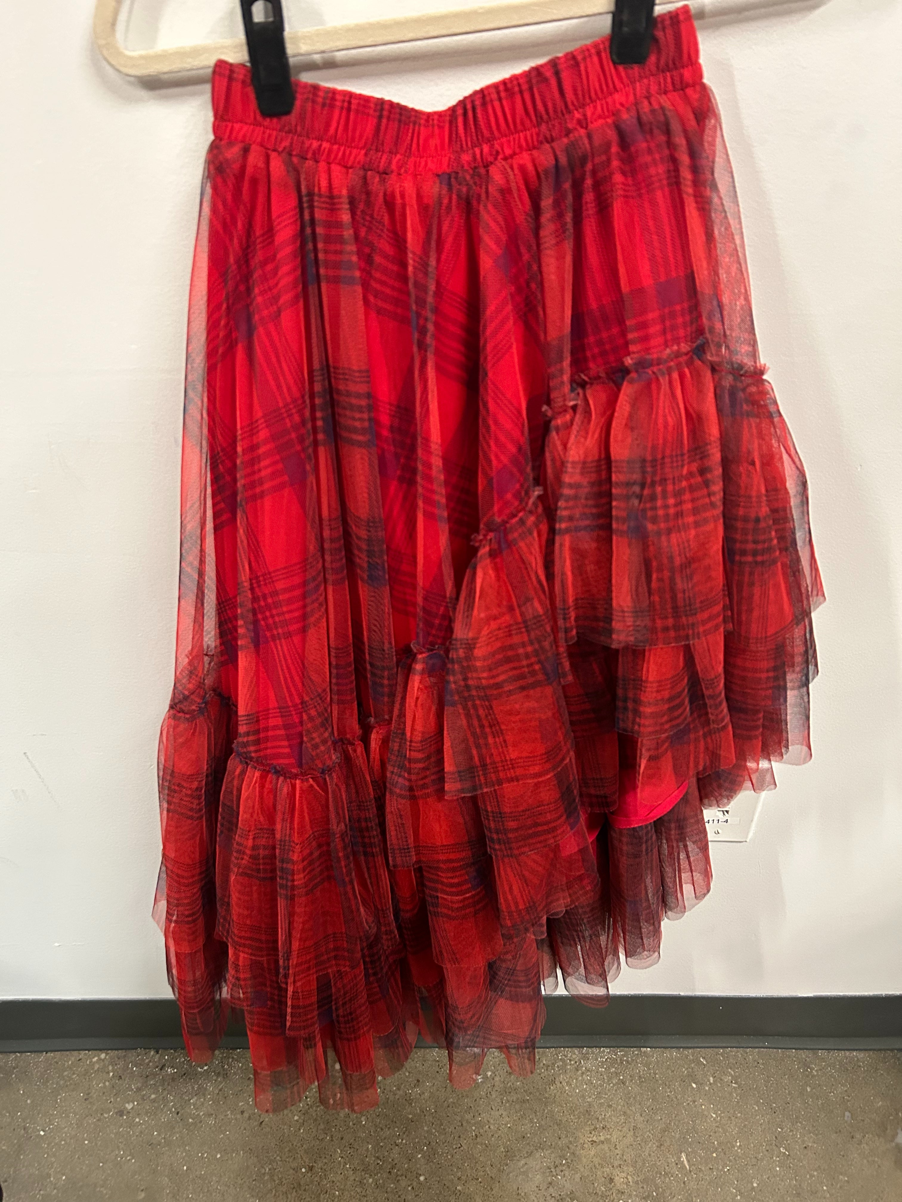 Garnet Plaid Asymmetric Tulle Skirt