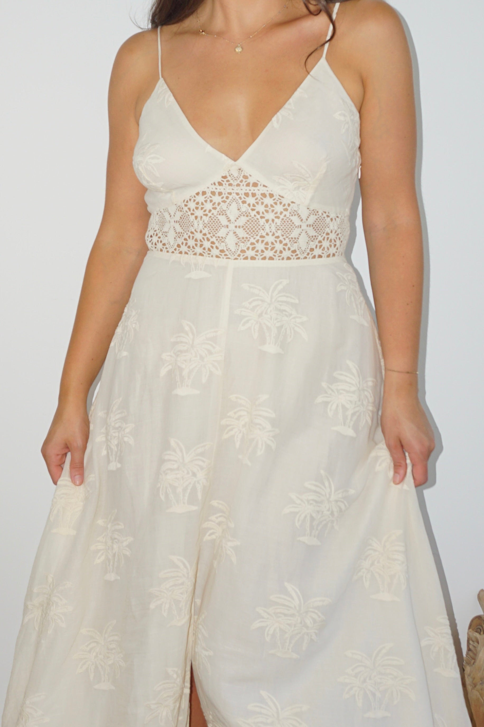 Isabella Dress in Cream Palm Embroidery
