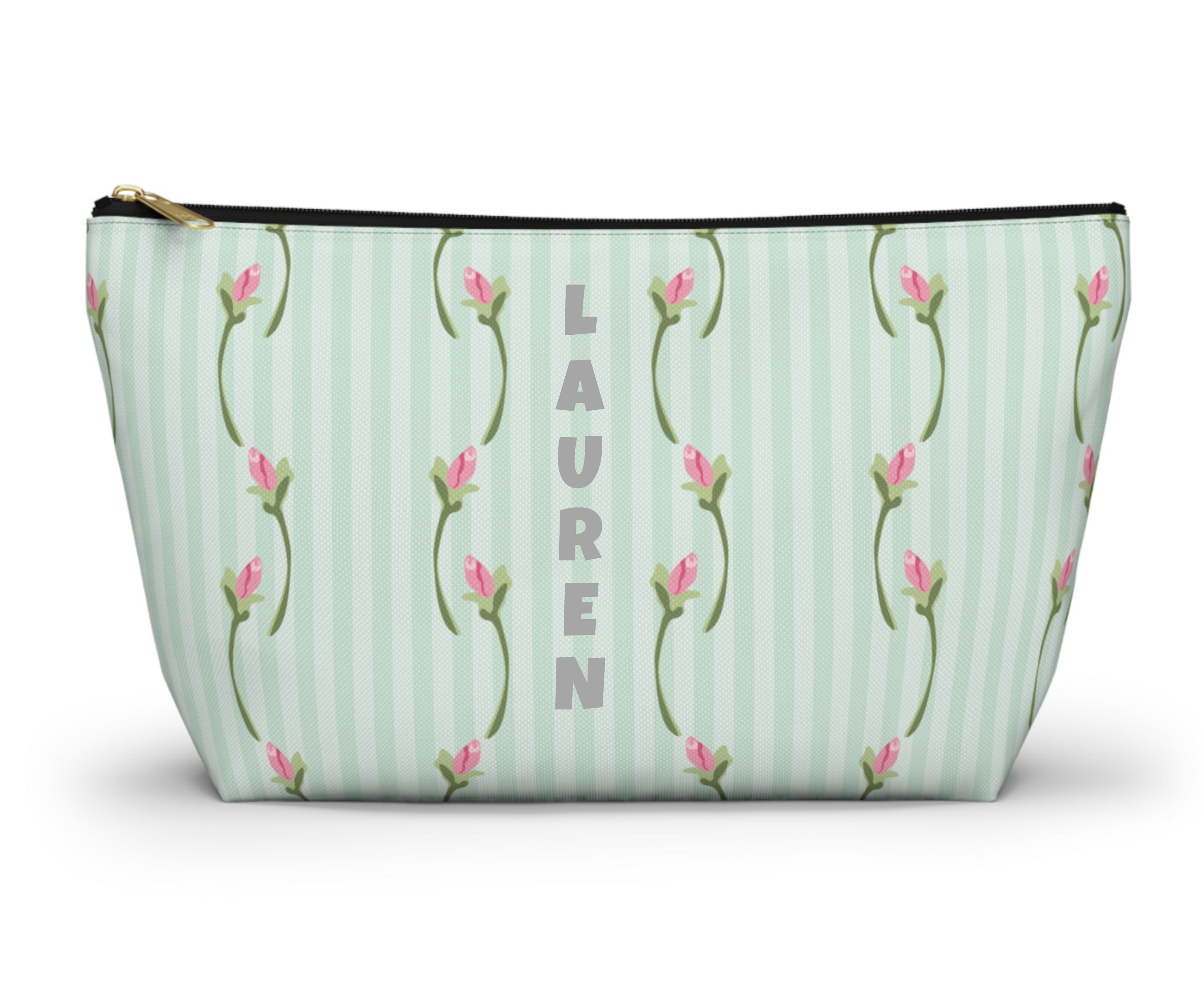Customizable: Floral Print Accessory Pouch | Cute Makeup Bag, Travel Organizer, Gift for Her, Floral Clutch, Green Striped Bag