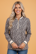 Leopard Half Zip Long Sleeve Blouse