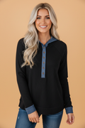 Ribbed Knit Contrast Denim Patchwork Hooded Top